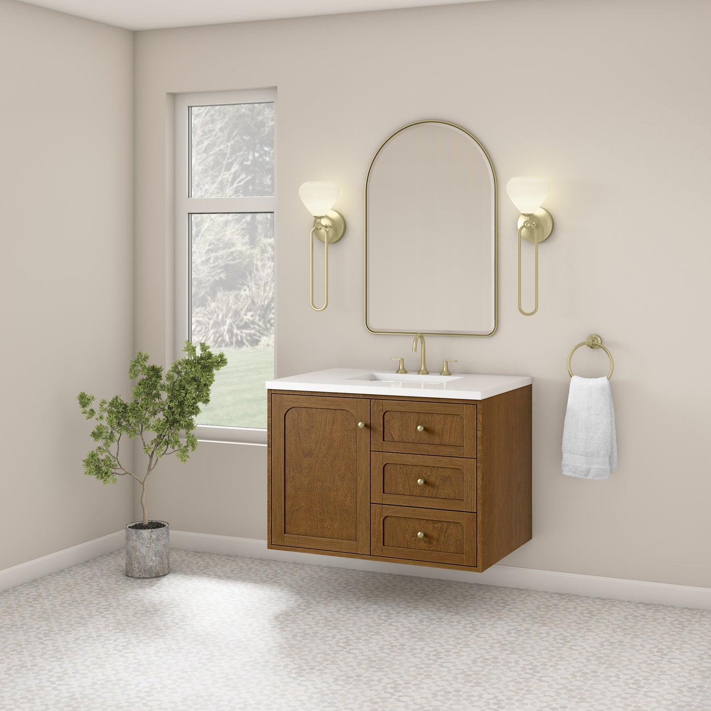 Renovate for Less Atlanta Laurent 36" Single Vanity, Honey Oak w/ 3 CM White Zeus Silestone Top