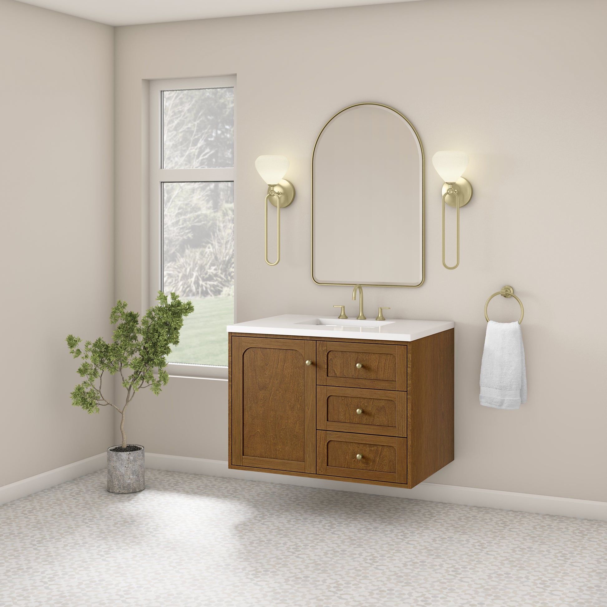 Renovate for Less Atlanta Laurent 36" Single Vanity, Honey Oak w/ 3 CM White Zeus Silestone Top