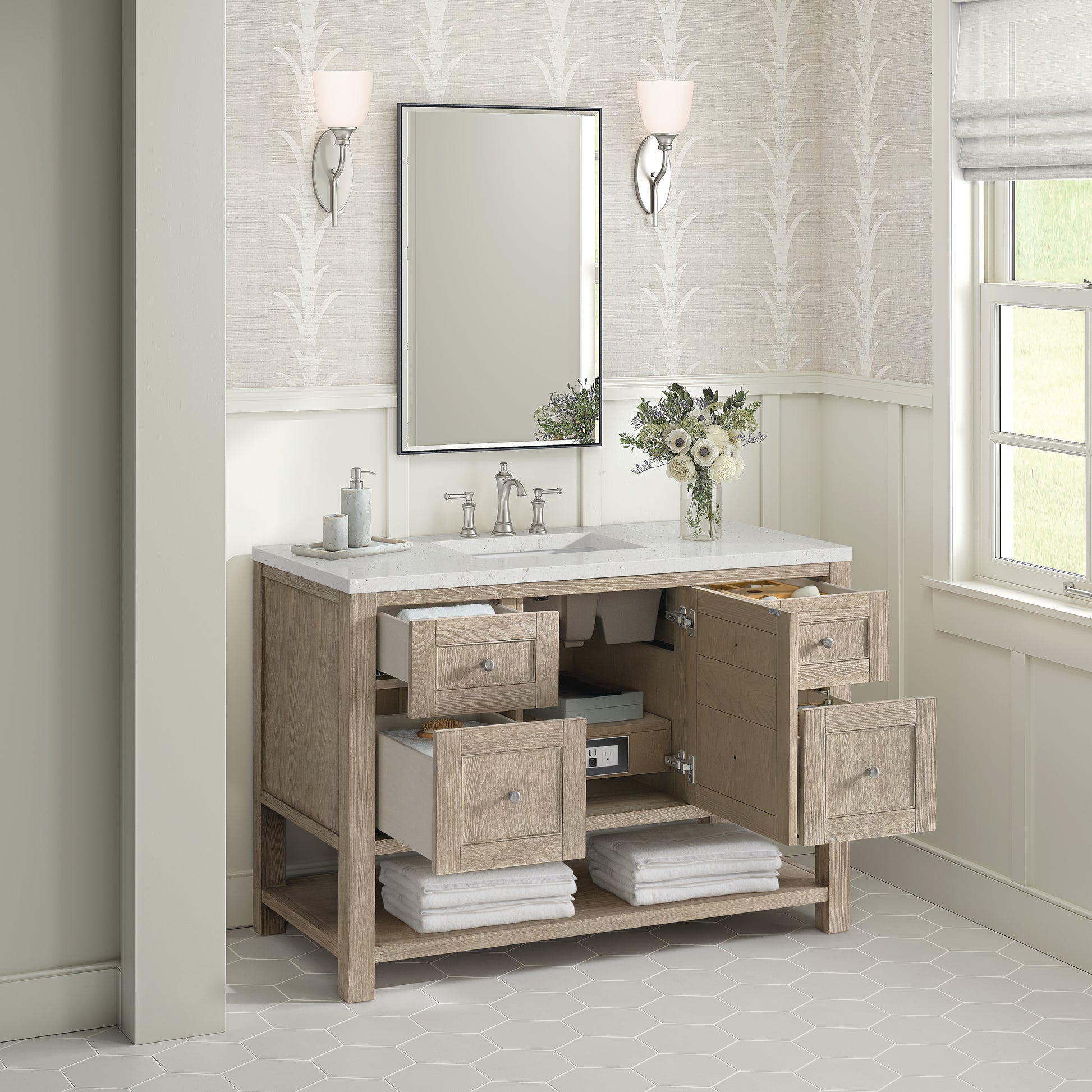 Renovate for Less Atlanta Breckenridge 48" Single Vanity, Whitewashed Oak w/ 3 CM Lime Delight Silestone Top