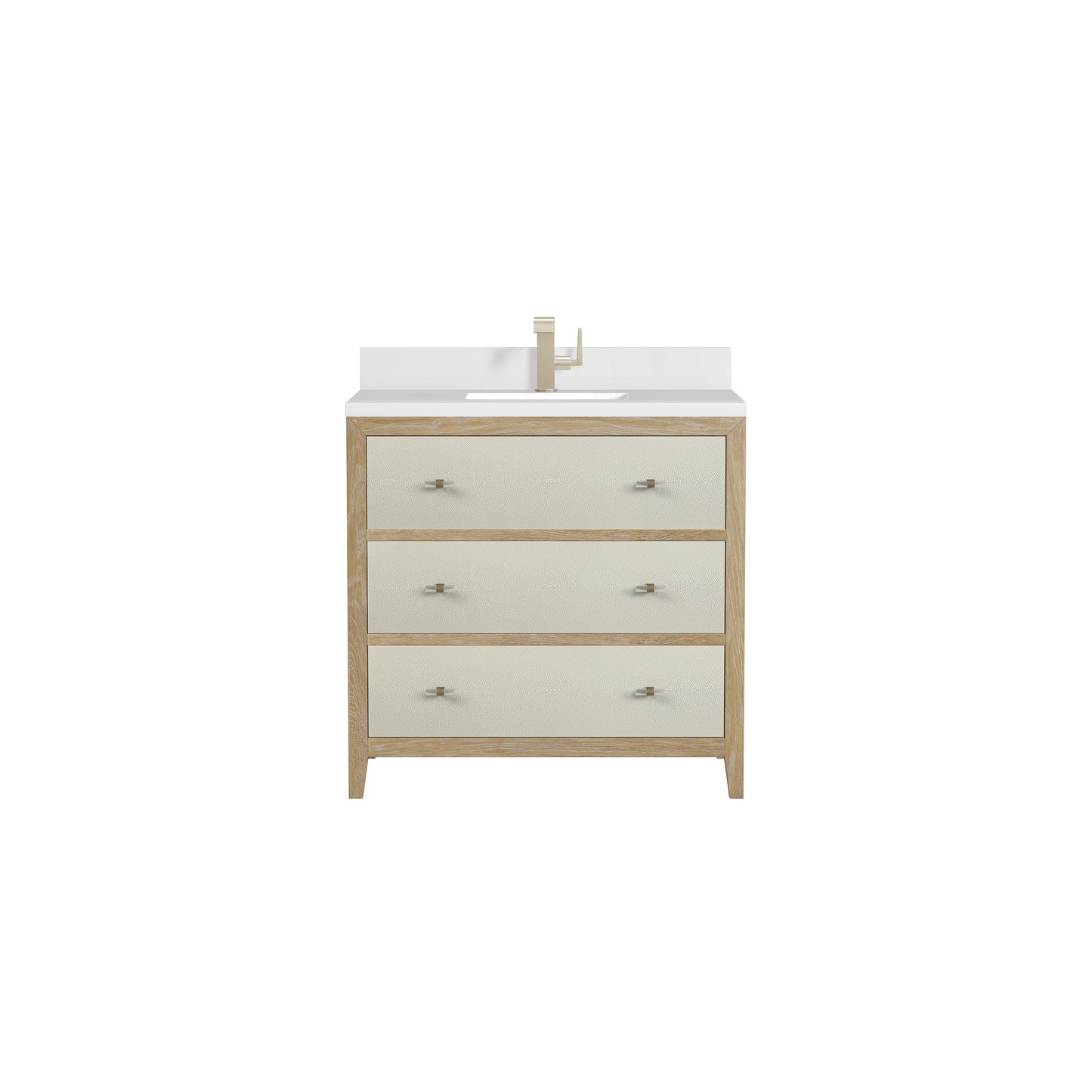 Renovate for Less Atlanta Celeste 36" Single Vanity, Sunwashed Oak with Embossed Shagreen w/ Single Hole 3 CM White Zeus Silestone Top & Backsplash