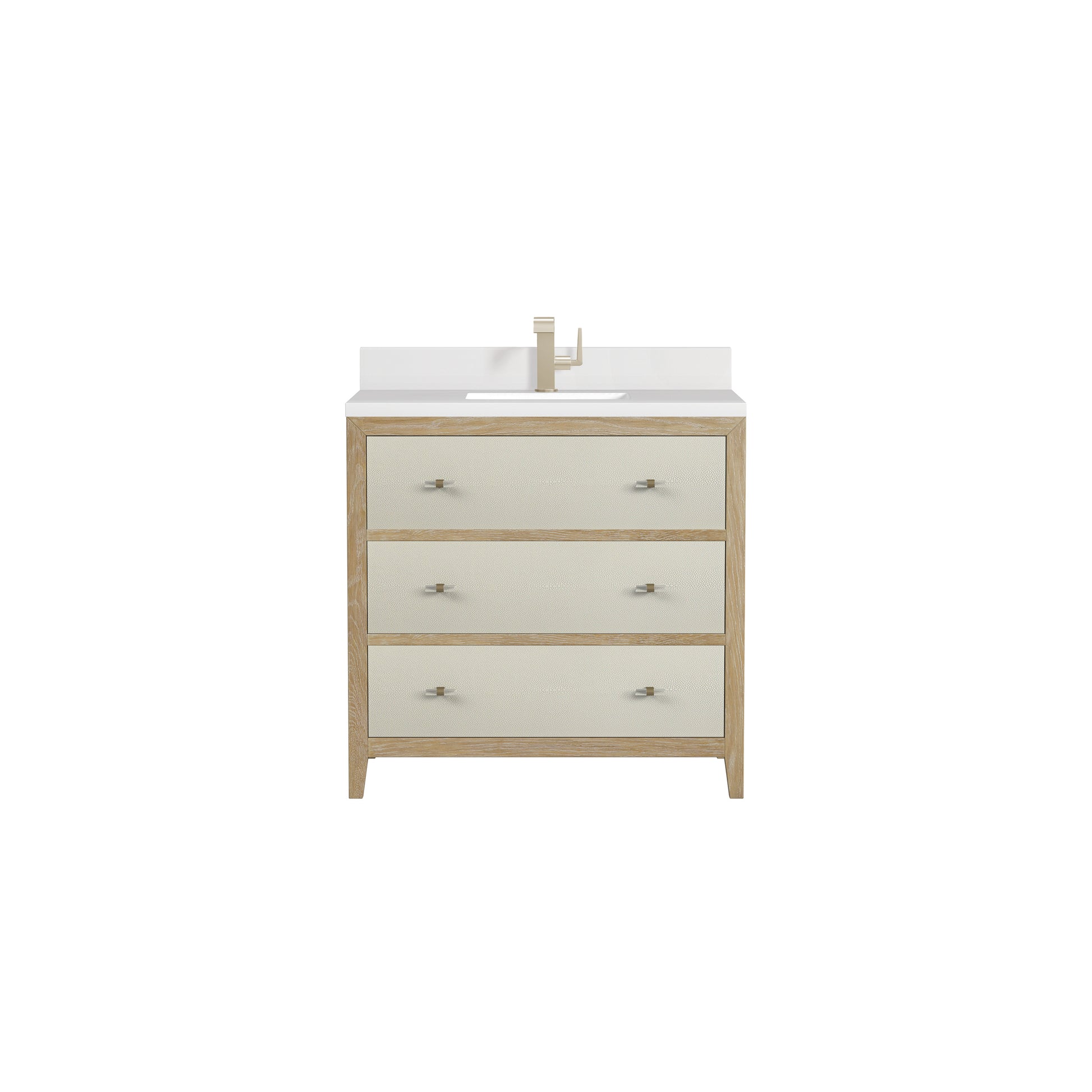 Renovate for Less Atlanta Celeste 36" Single Vanity, Sunwashed Oak with Embossed Shagreen w/ Single Hole 3 CM White Zeus Silestone Top & Backsplash