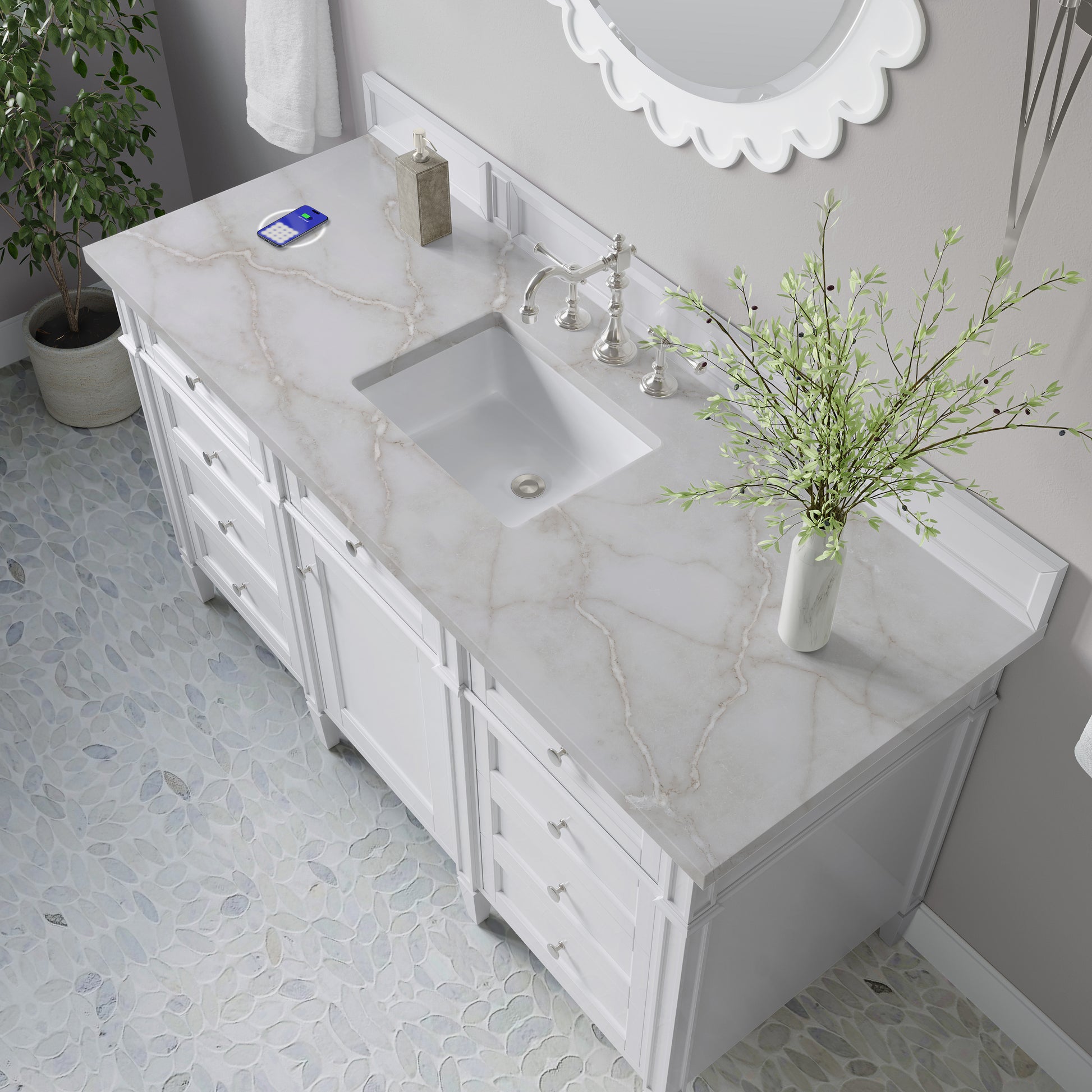 Renovate for Less Atlanta Brittany 60" Single Vanity, Bright White w/ 3 CM Victorian Silver Silestone Top w/FreePower Wireless Charger