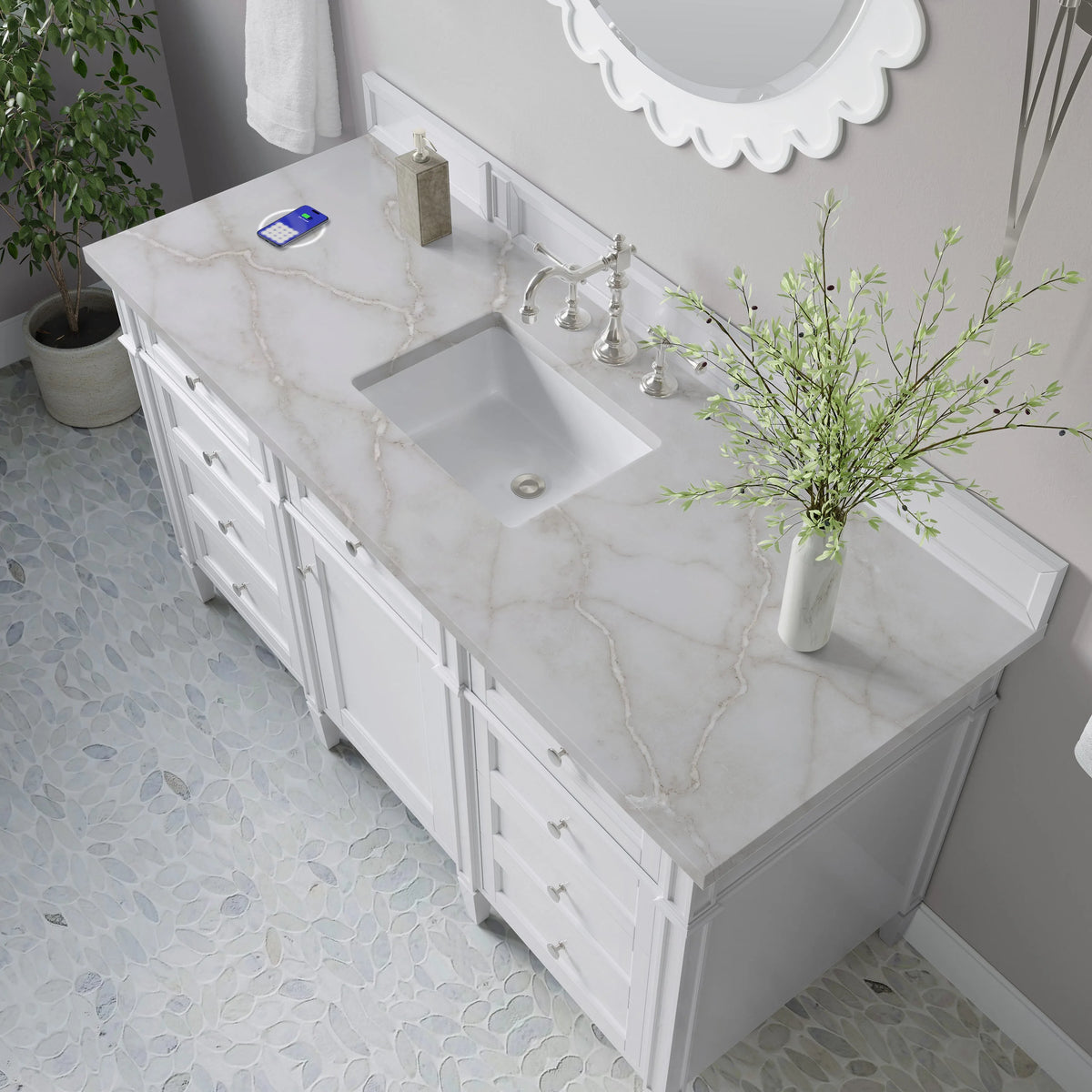 Brittany 60" Single Vanity, Bright White w/ 3 CM Victorian Silver Silestone Top w/FreePower Wireless Charger