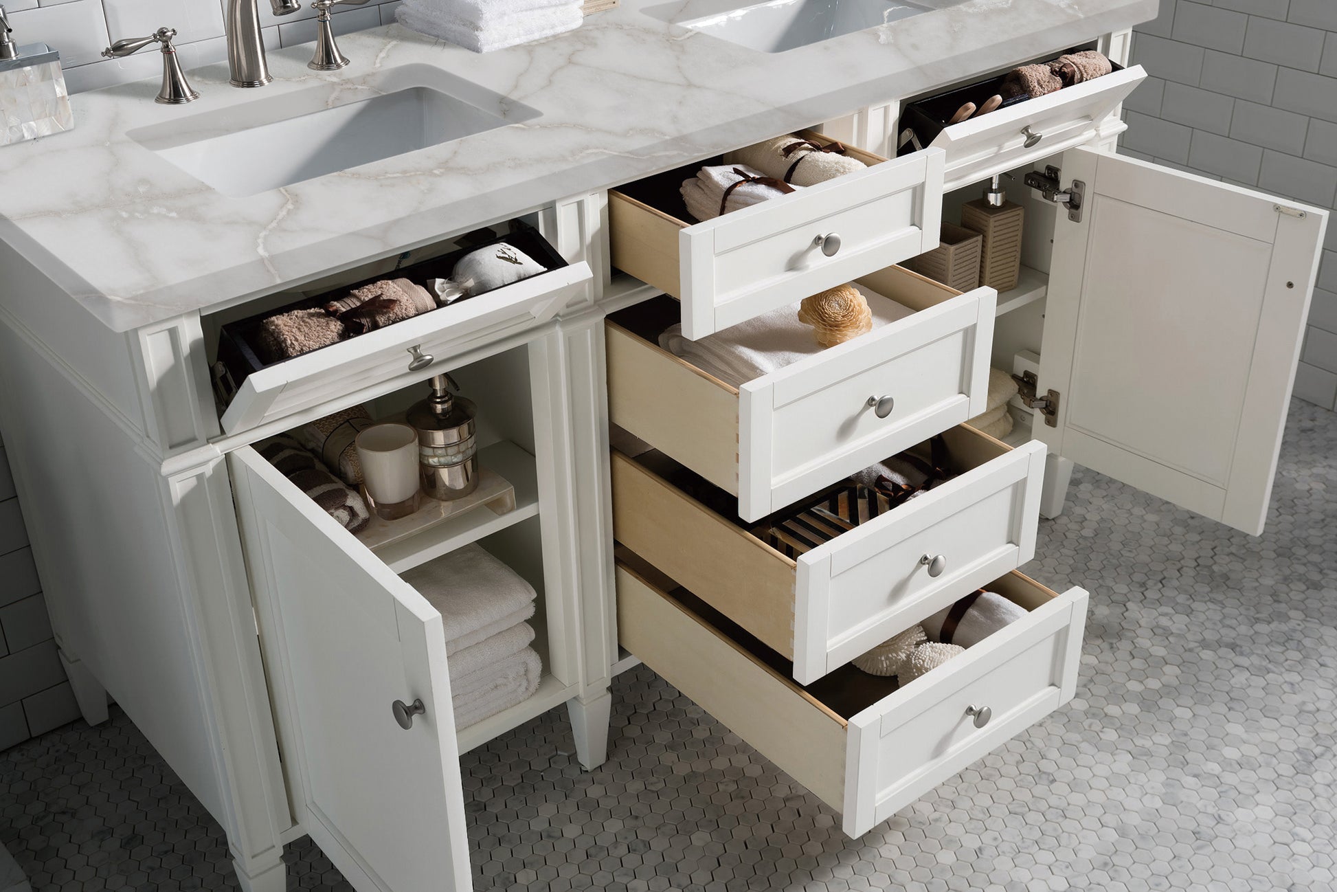 Renovate for Less Atlanta Brittany 60" Double Vanity, Bright White Vanity w/ 3 CM Victorian Silver Silestone Top
