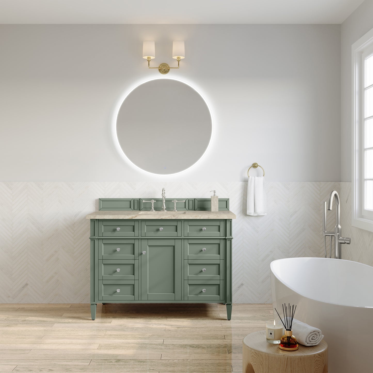 Renovate for Less Atlanta Brittany 48" Single Vanity, Smokey Celadon, w/ 3 CM Tajnar Eclos Top