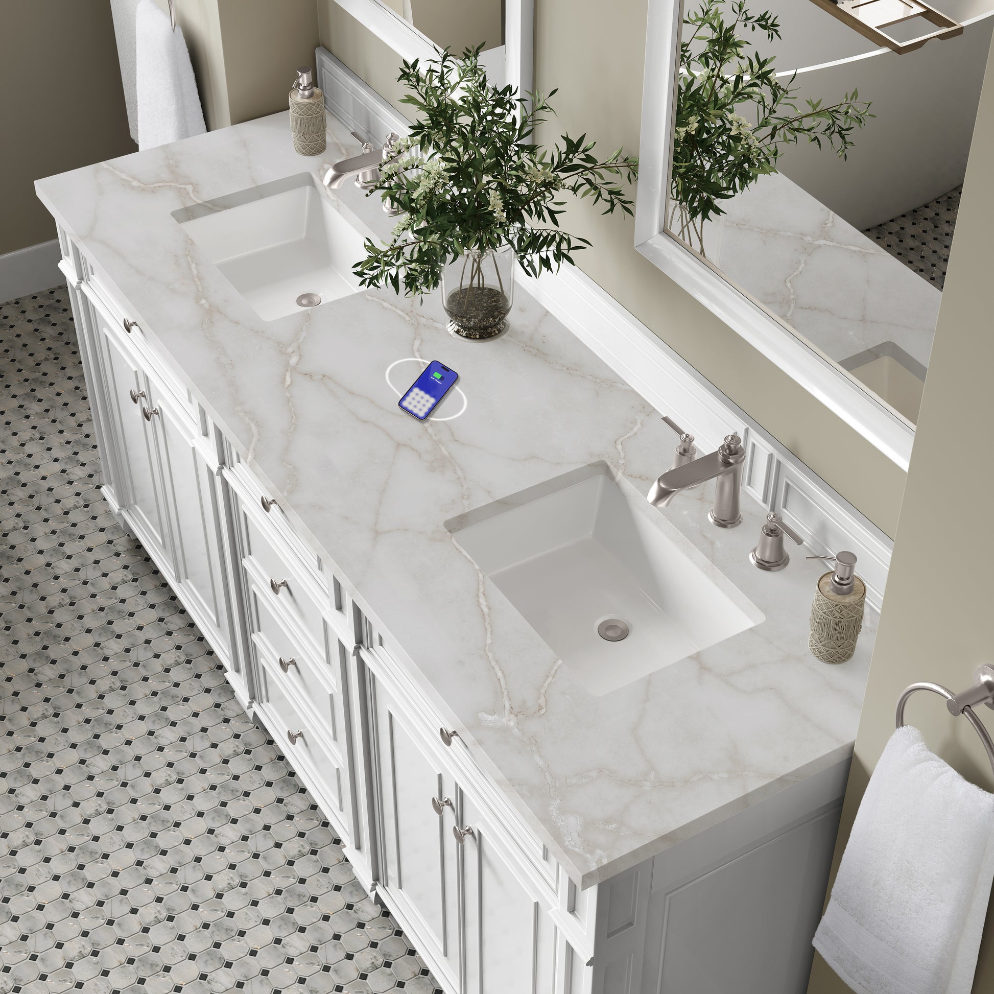 Renovate for Less Atlanta Bristol 72" Double Vanity, Bright White w/ 3 CM Victorian Silver Silestone Top w/FreePower Wireless Charger