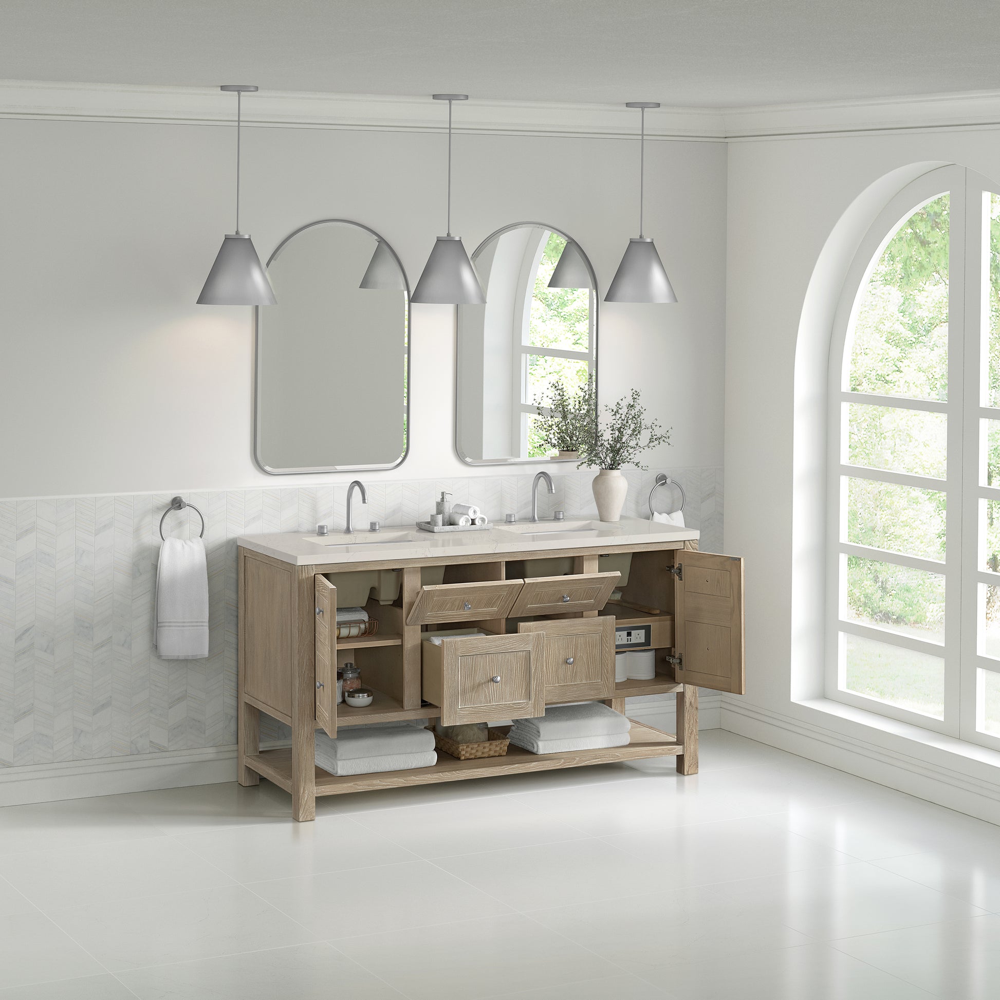 Renovate for Less Atlanta Breckenridge 60" Double Vanity, Whitewashed Oak, w/ 3 CM Siberian Silestone Top w/FreePower Wireless Charger