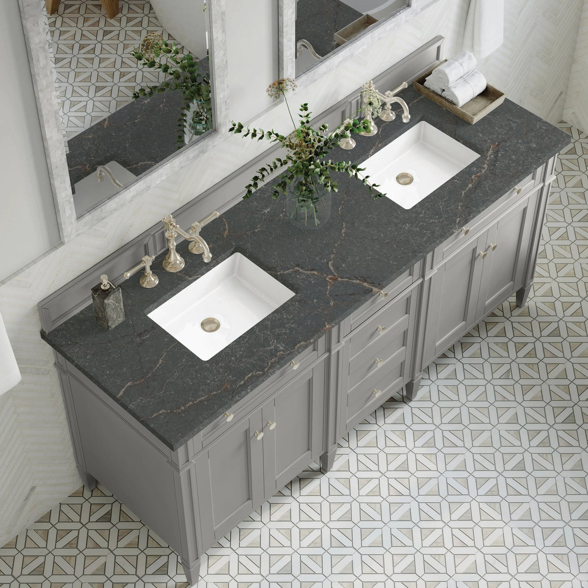 Brittany 72" Double Vanity, Urban Gray w/ 3 CM Parisien Bleu Silestone Top