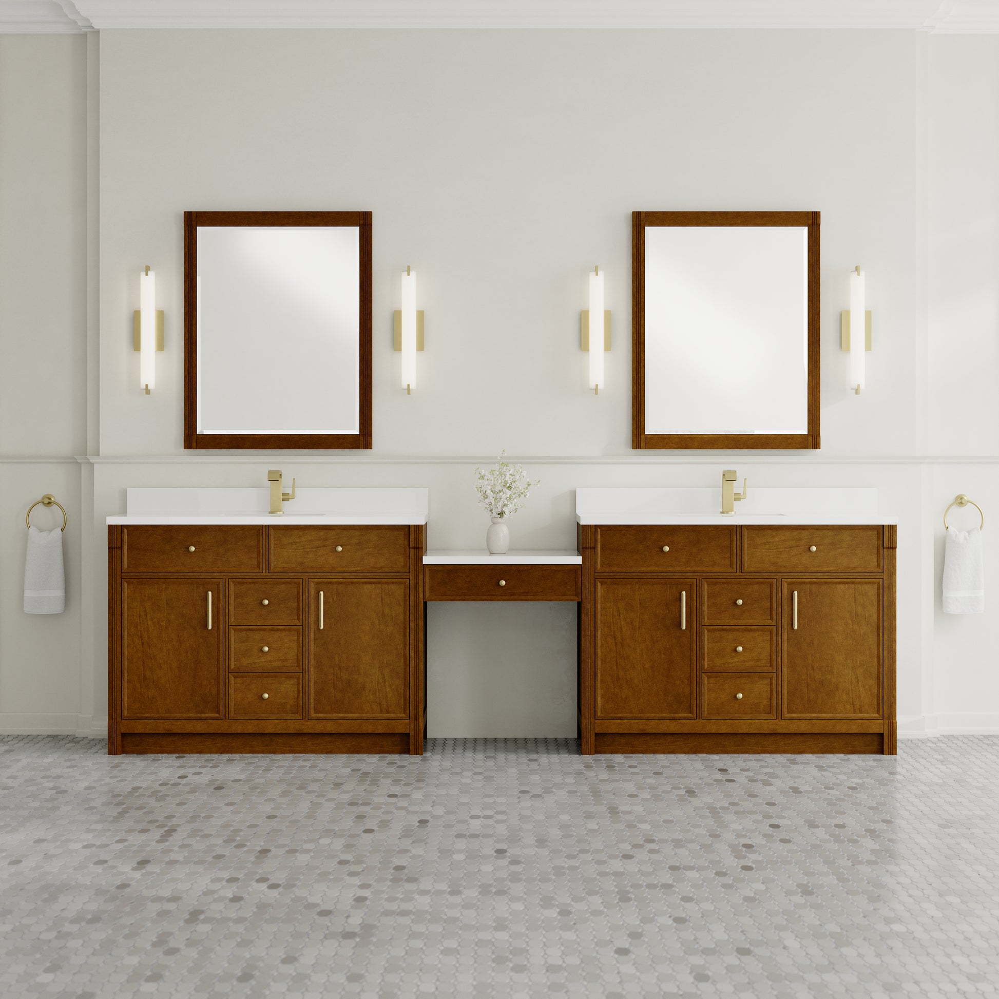 Renovate for Less Atlanta Bellshire 120" Dual Vanity Set with 24" Make-Up Counter, Honey Oak w/Single Hole 3 cm White Zeus Silestone Top & Backsplash