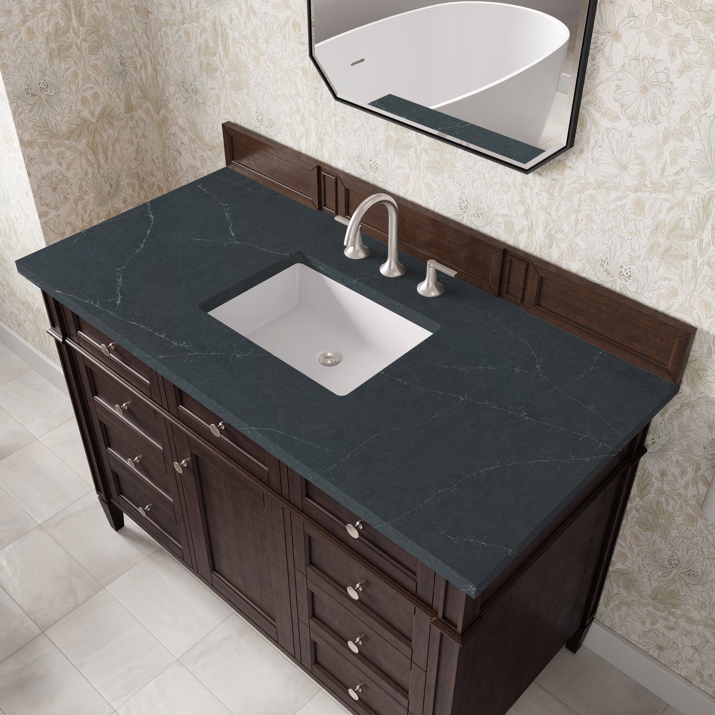 Renovate for Less Atlanta Brittany 48" Single Vanity, Burnished Mahogany w/ 3 CM Charcoal Soapstone Silestone Top