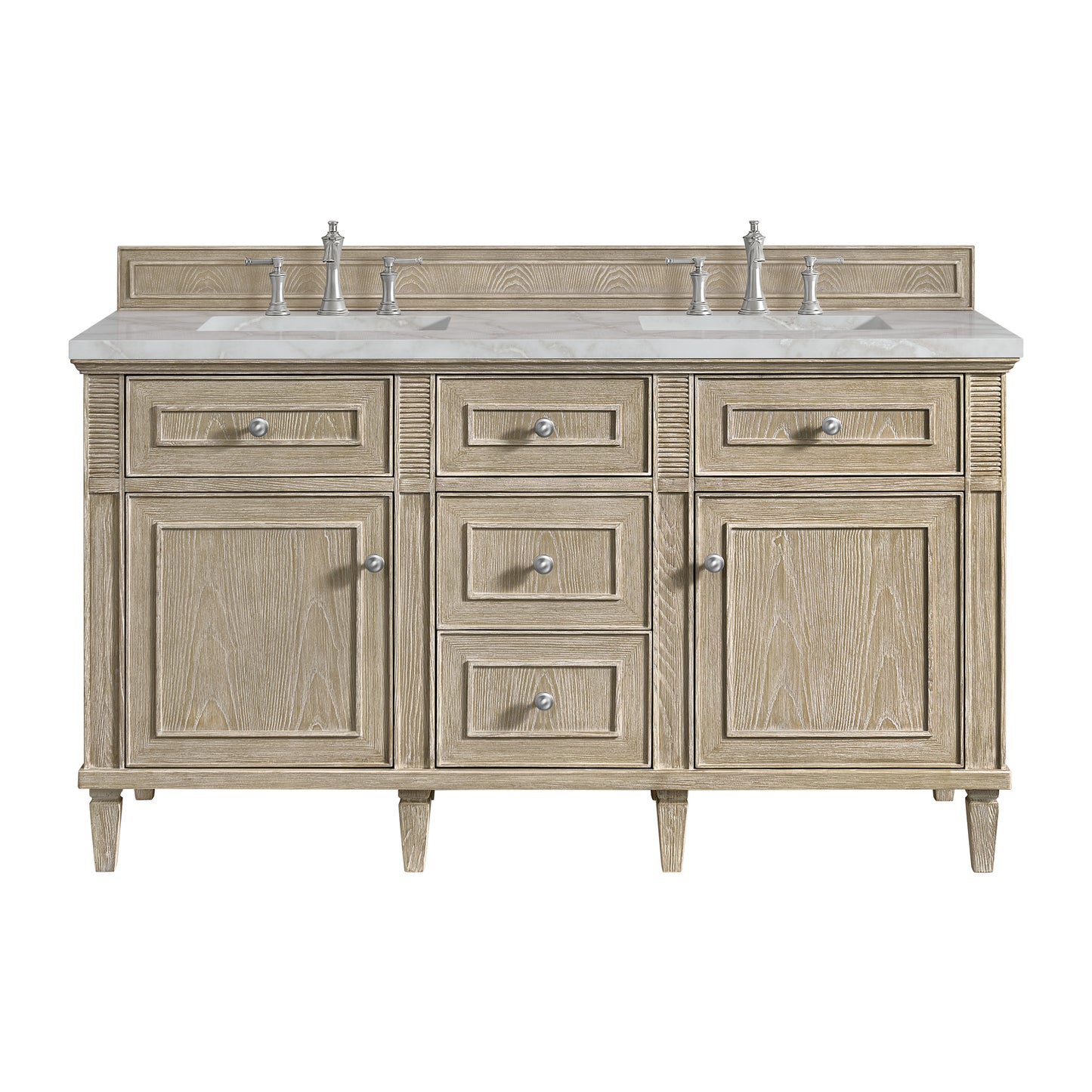 Renovate for Less Atlanta Lorelai 60" Double Vanity, Whitewashed Oak w/ 3 CM Victorian Silver Silestone Top w/FreePower Wireless Charger