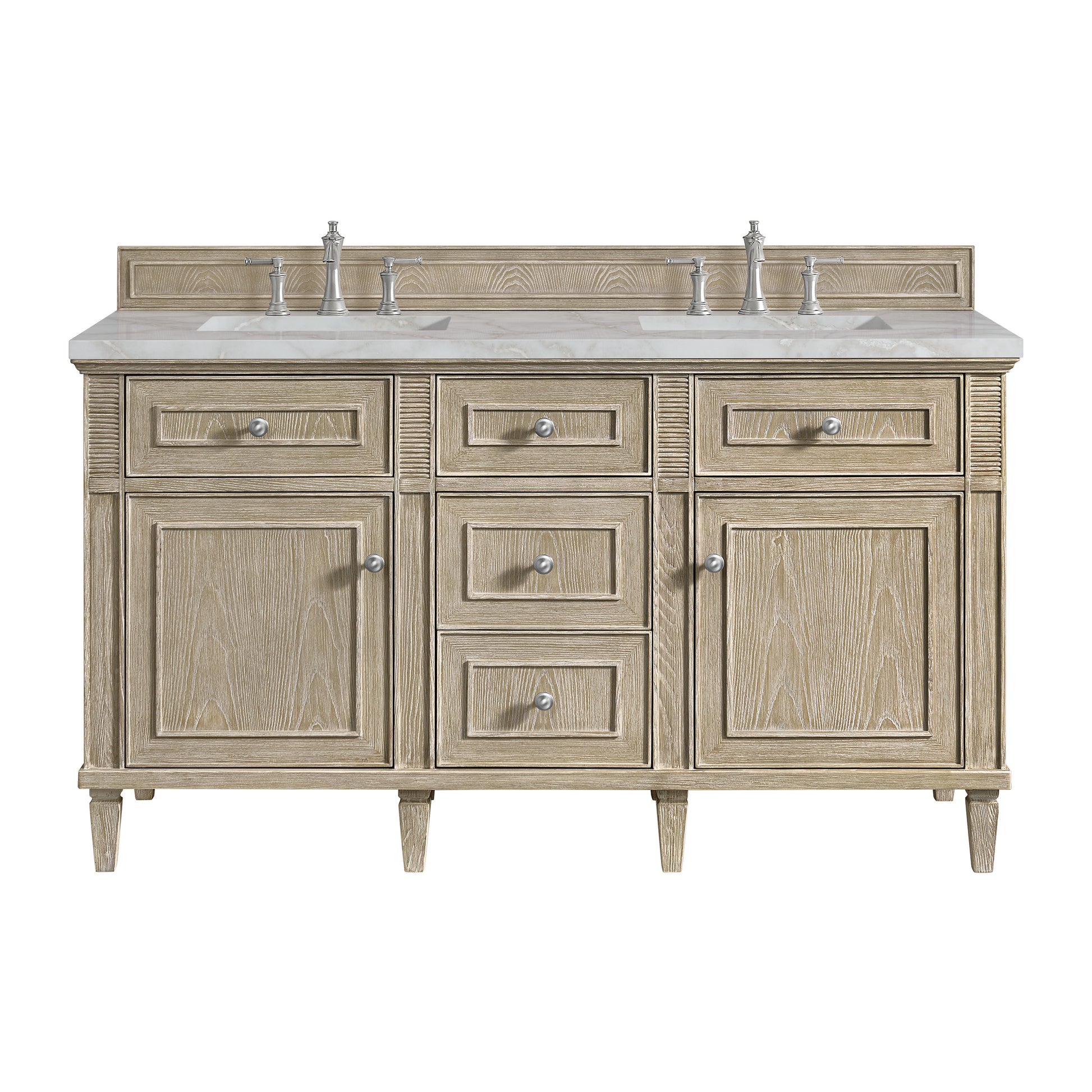 Renovate for Less Atlanta Lorelai 60" Double Vanity, Whitewashed Oak w/ 3 CM Victorian Silver Silestone Top w/FreePower Wireless Charger