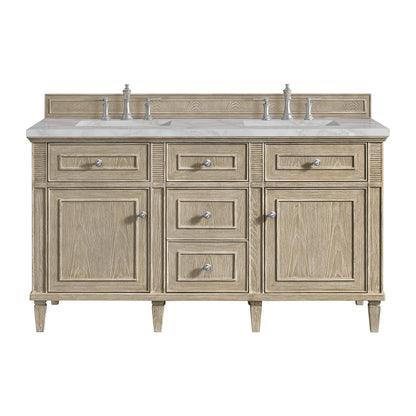 Renovate for Less Atlanta Lorelai 60" Double Vanity, Whitewashed Oak w/ 3 CM Victorian Silver Silestone Top w/FreePower Wireless Charger