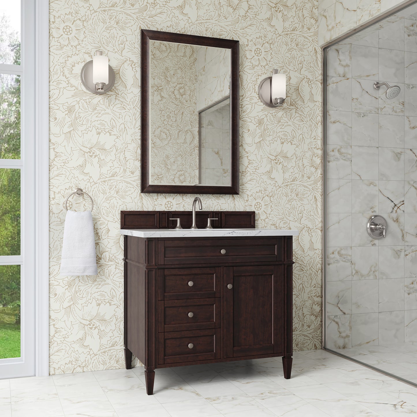 Renovate for Less Atlanta Brittany 36" Single Vanity, Burnished Mahogany w/ 3 CM Ethereal Noctis Silestone Top