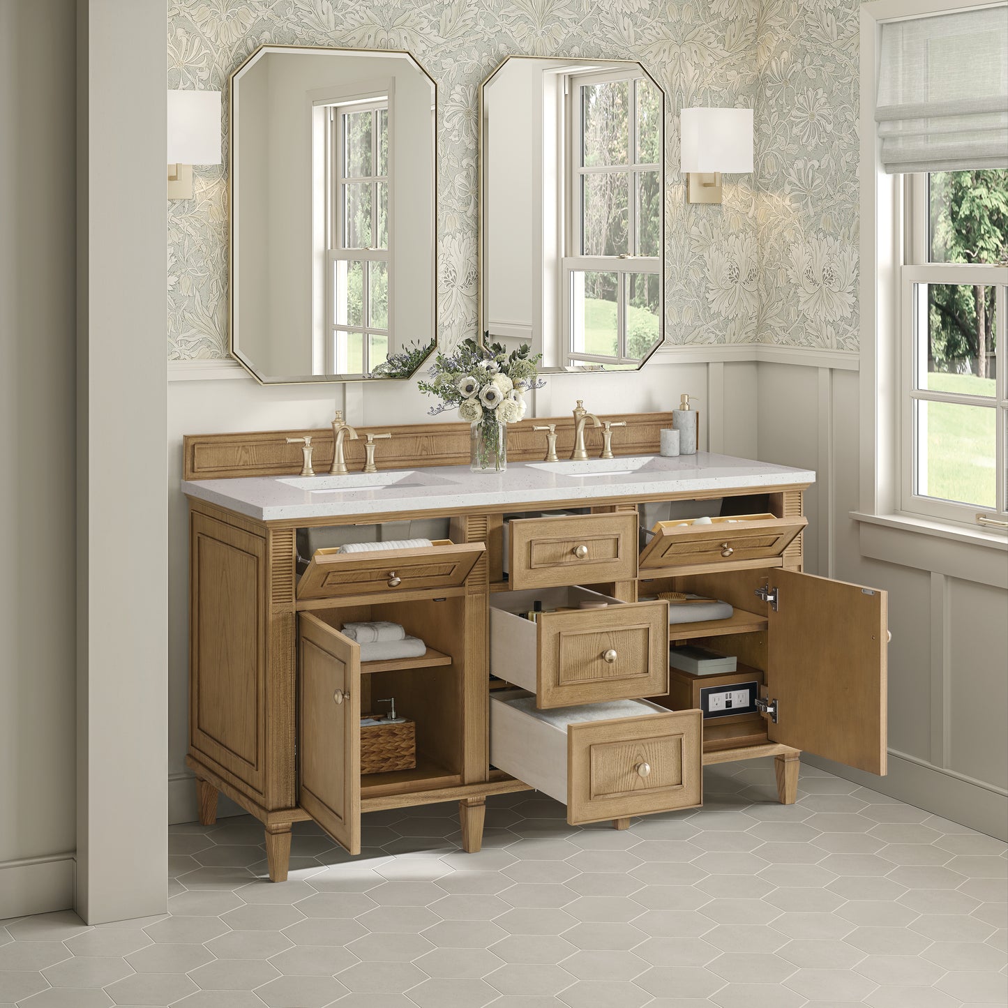Renovate for Less Atlanta Lorelai 60" Double Vanity, Light Natural Oak w/ 3 CM Lime Delight Silestone Top