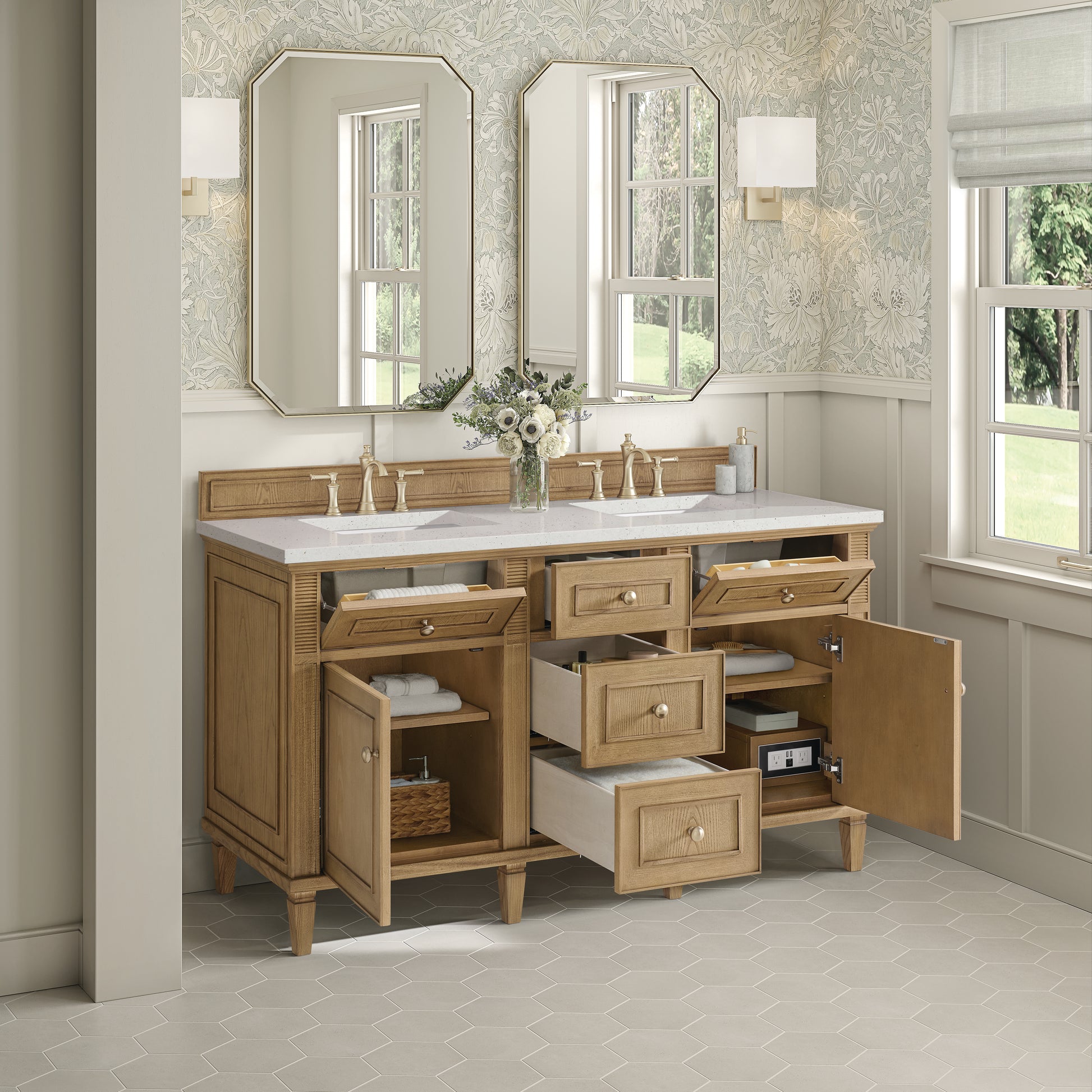 Renovate for Less Atlanta Lorelai 60" Double Vanity, Light Natural Oak w/ 3 CM Lime Delight Silestone Top