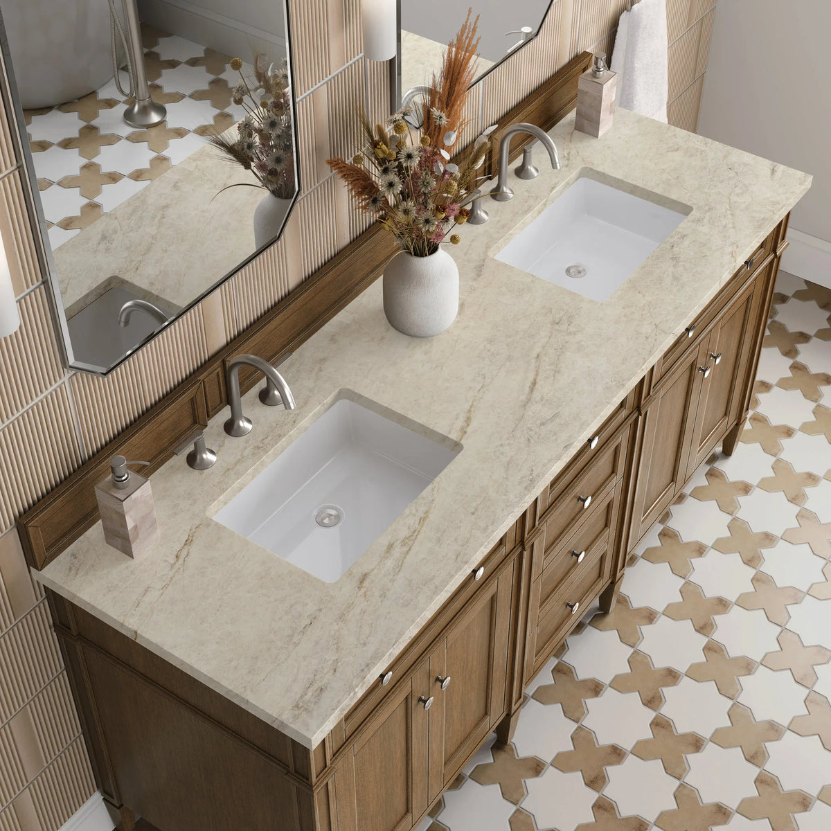 Brittany 72" Double Vanity, Saddle Brown, w/ 3 CM Tajnar Eclos Top