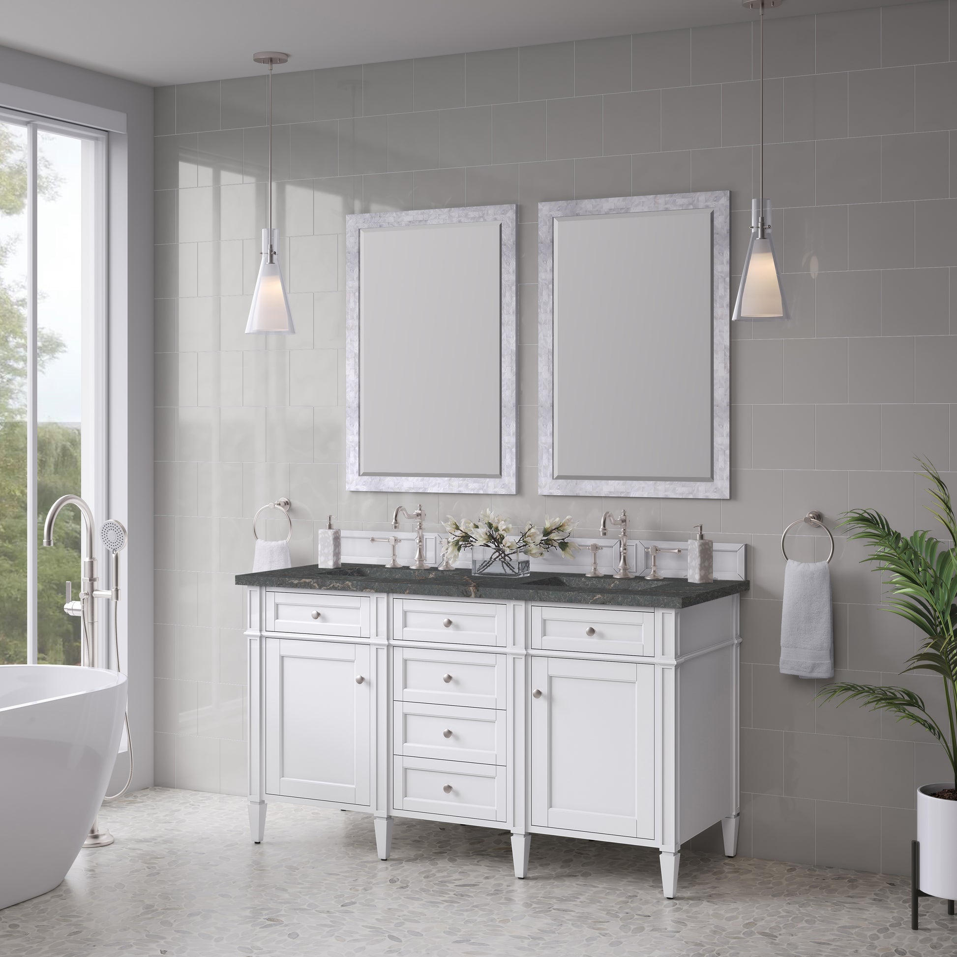 Renovate for Less Atlanta Brittany 60" Double Vanity, Bright White Vanity w/ 3 CM Parisien Bleu Silestone Top