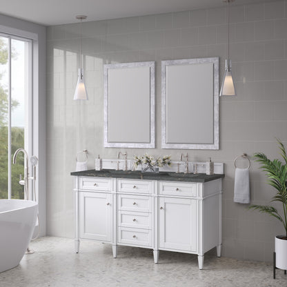 Renovate for Less Atlanta Brittany 60" Double Vanity, Bright White Vanity w/ 3 CM Parisien Bleu Silestone Top