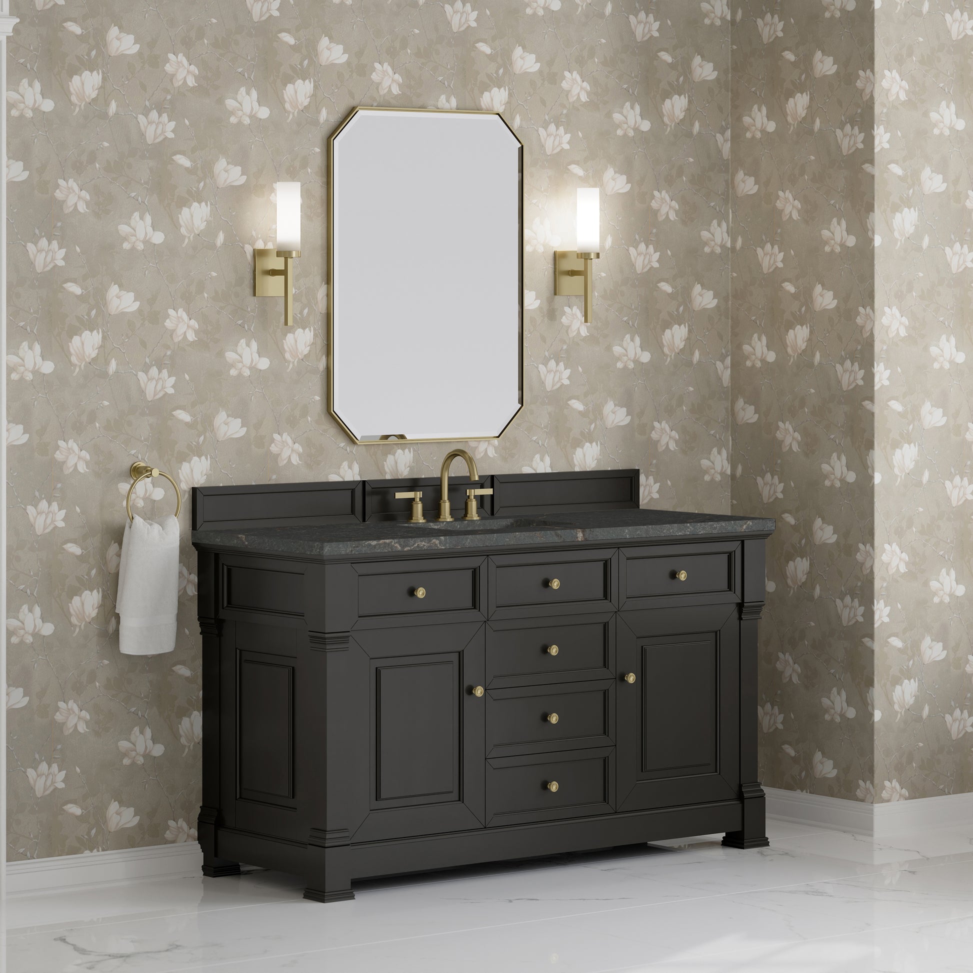 Renovate for Less Atlanta Brookfield 60" Single Vanity, Black Onyx w/ 3 CM Parisien Bleu Silestone Top w/ FreePower Wireless Charger