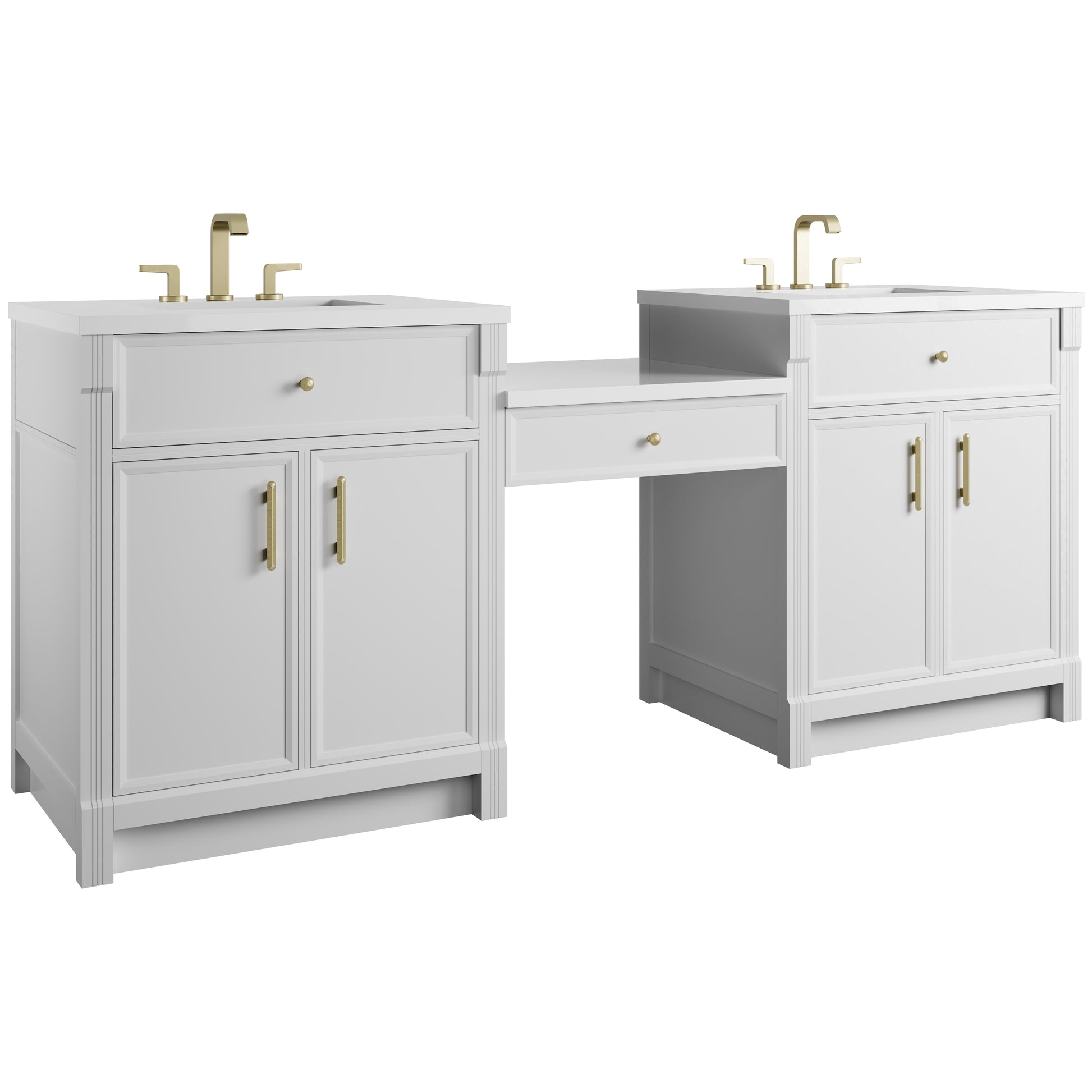 Renovate for Less Atlanta Bellshire 84" Dual Vanity Set with 24" Make-Up Counter, Bright White w/3 cm White Zeus Silestone Top