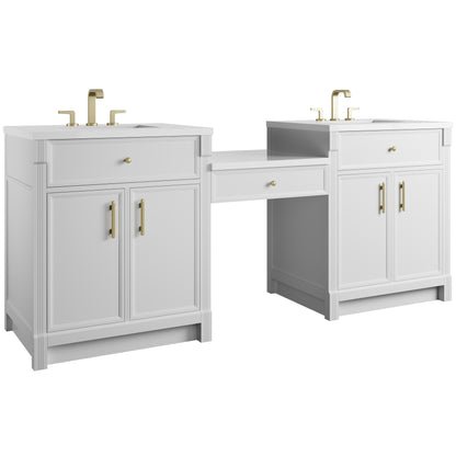 Renovate for Less Atlanta Bellshire 84" Dual Vanity Set with 24" Make-Up Counter, Bright White w/3 cm White Zeus Silestone Top