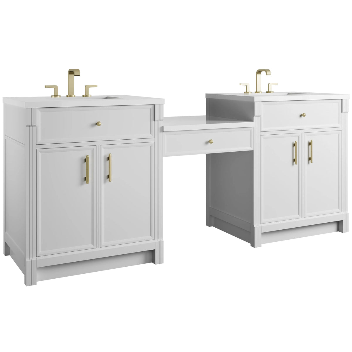 Bellshire 84" Dual Vanity Set with 24" Make-Up Counter, Bright White w/3 cm White Zeus Silestone Top