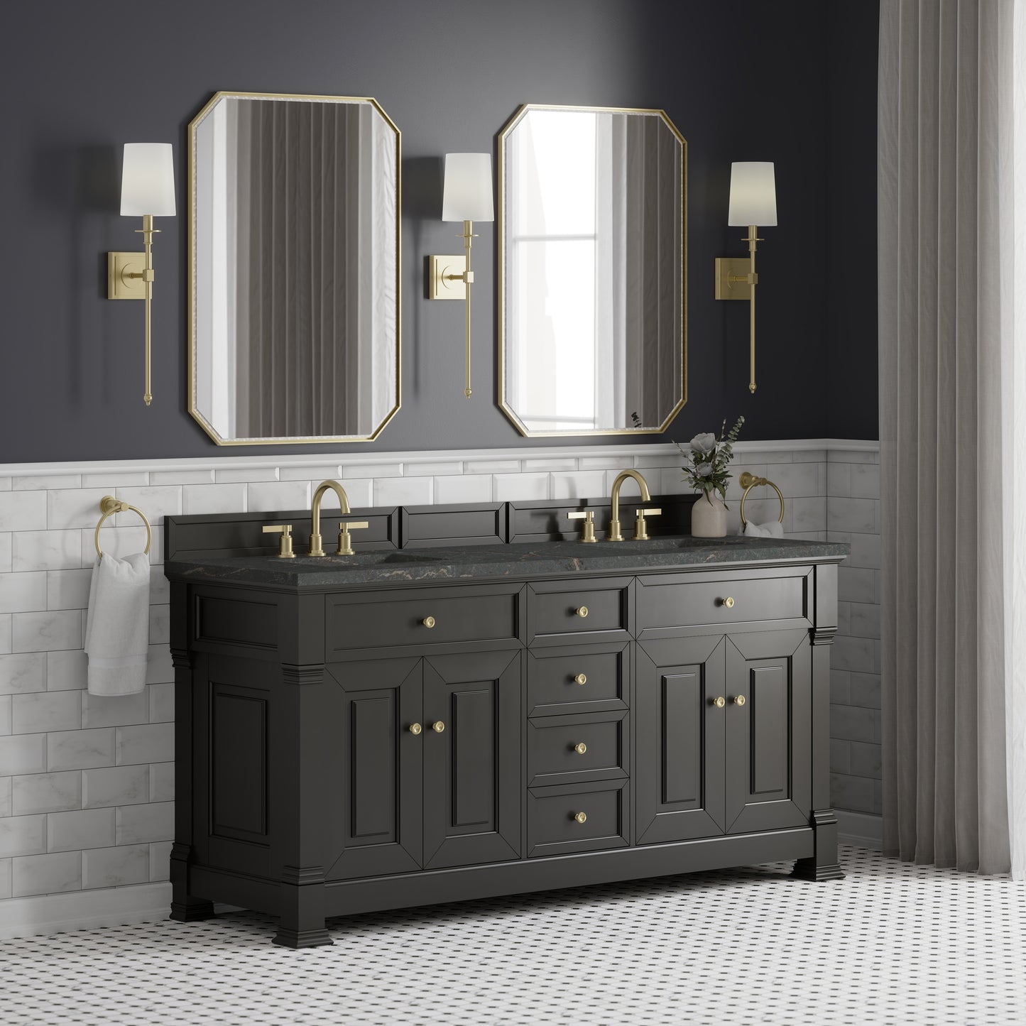 Renovate for Less Atlanta Brookfield 72" Double Vanity, Black Onyx w/ 3 CM Parisien Bleu Silestone Top