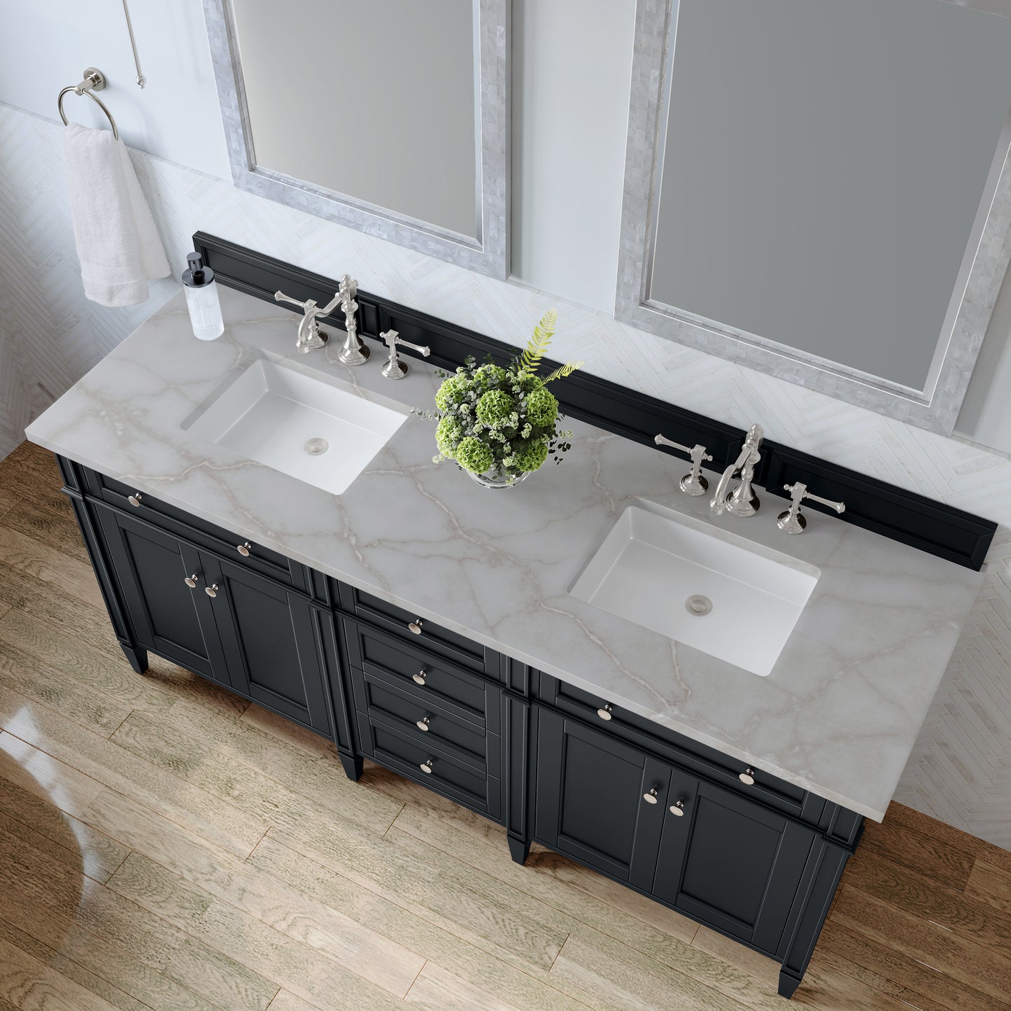 Renovate for Less Atlanta Brittany 72" Double Vanity, Black Onyx w/ 3 CM Victorian Silver Silestone Top