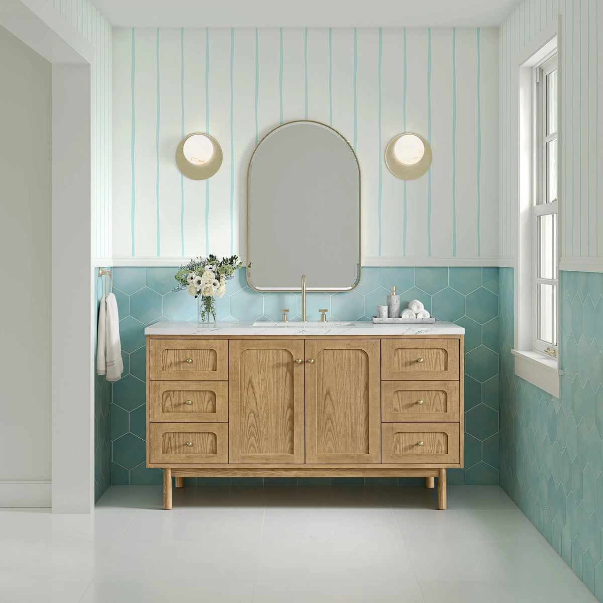 Laurent 60" Single Vanity, Light Natural Oak, w/ 3 CM Ethereal Noctis Silestone Top w/ FreePower Wireless Charger