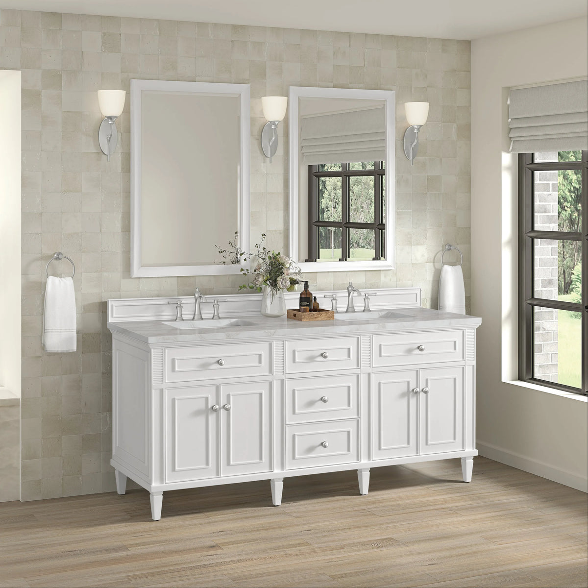 Lorelai 72" Double Vanity, Bright White w/ 3 CM Victorian Silver Silestone Top w/FreePower Wireless Charger