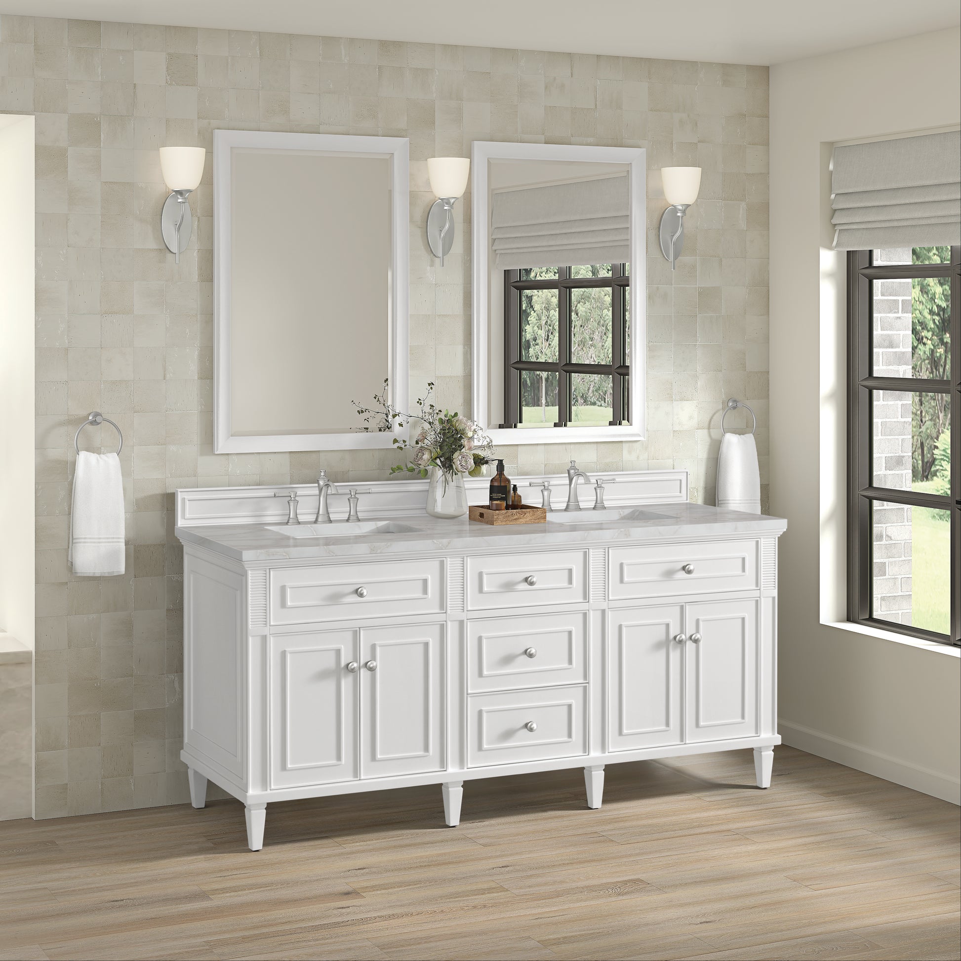 Renovate for Less Atlanta Lorelai 72" Double Vanity, Bright White w/ 3 CM Victorian Silver Silestone Top w/FreePower Wireless Charger