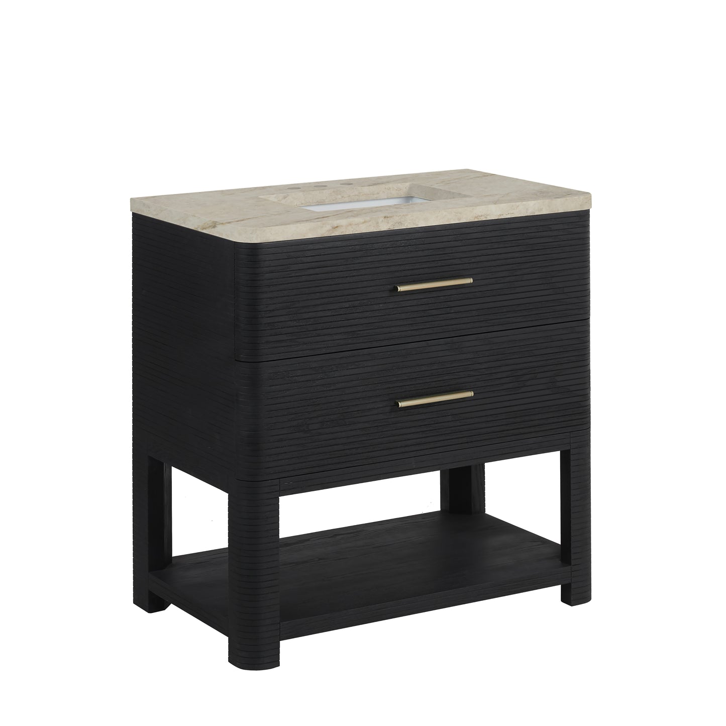 Renovate for Less Atlanta Lucian 36" Single Vanity, Carbon Oak, w/ 3 CM Tajnar Eclos Widespread Top