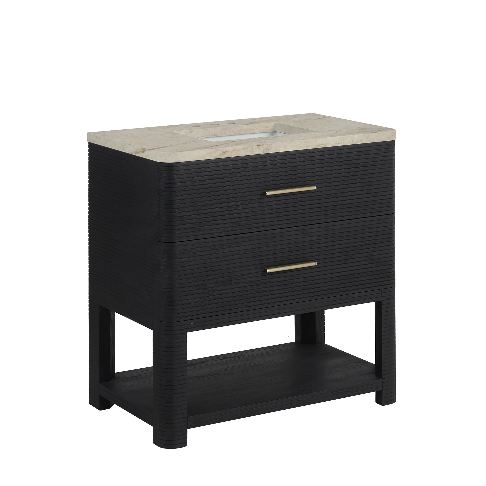 Renovate for Less Atlanta Lucian 36" Single Vanity, Carbon Oak, w/ 3 CM Tajnar Eclos Widespread Top