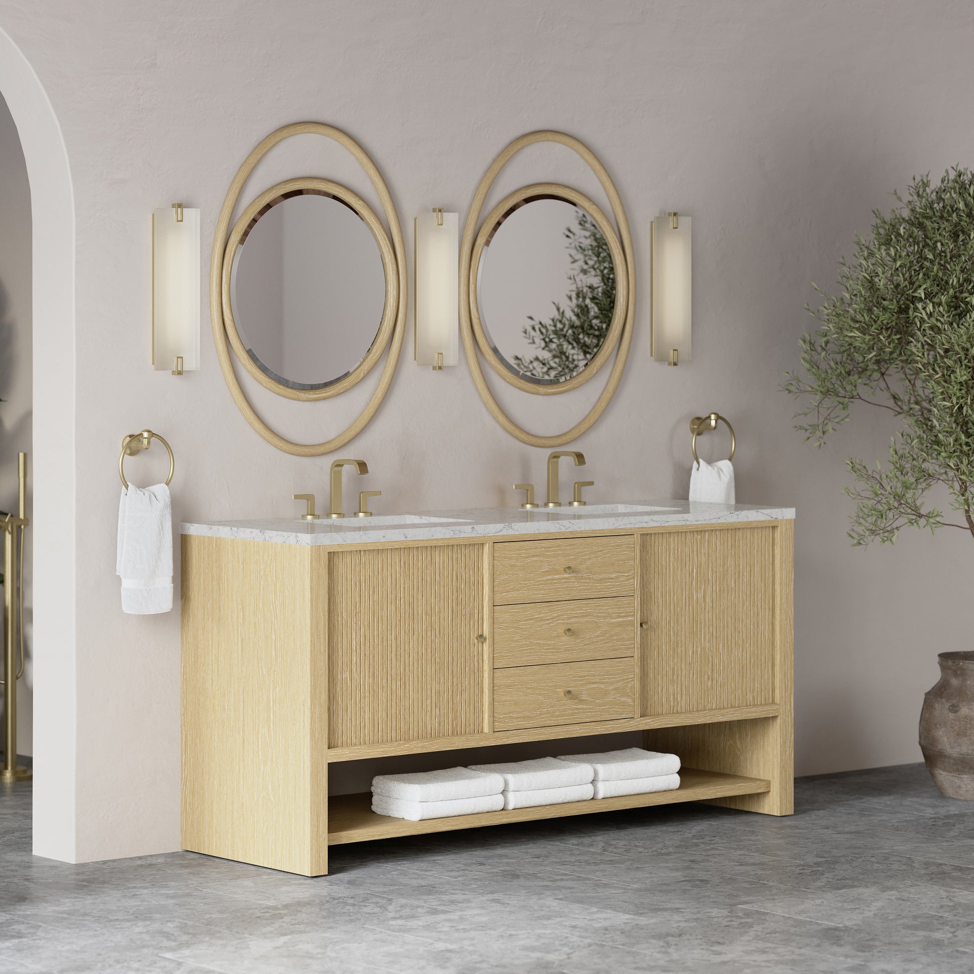 Renovate for Less Atlanta Marigot 72" Double Vanity, Sunwashed Oak w/ 3 CM Eternal Jasmine Pearl Silestone Top