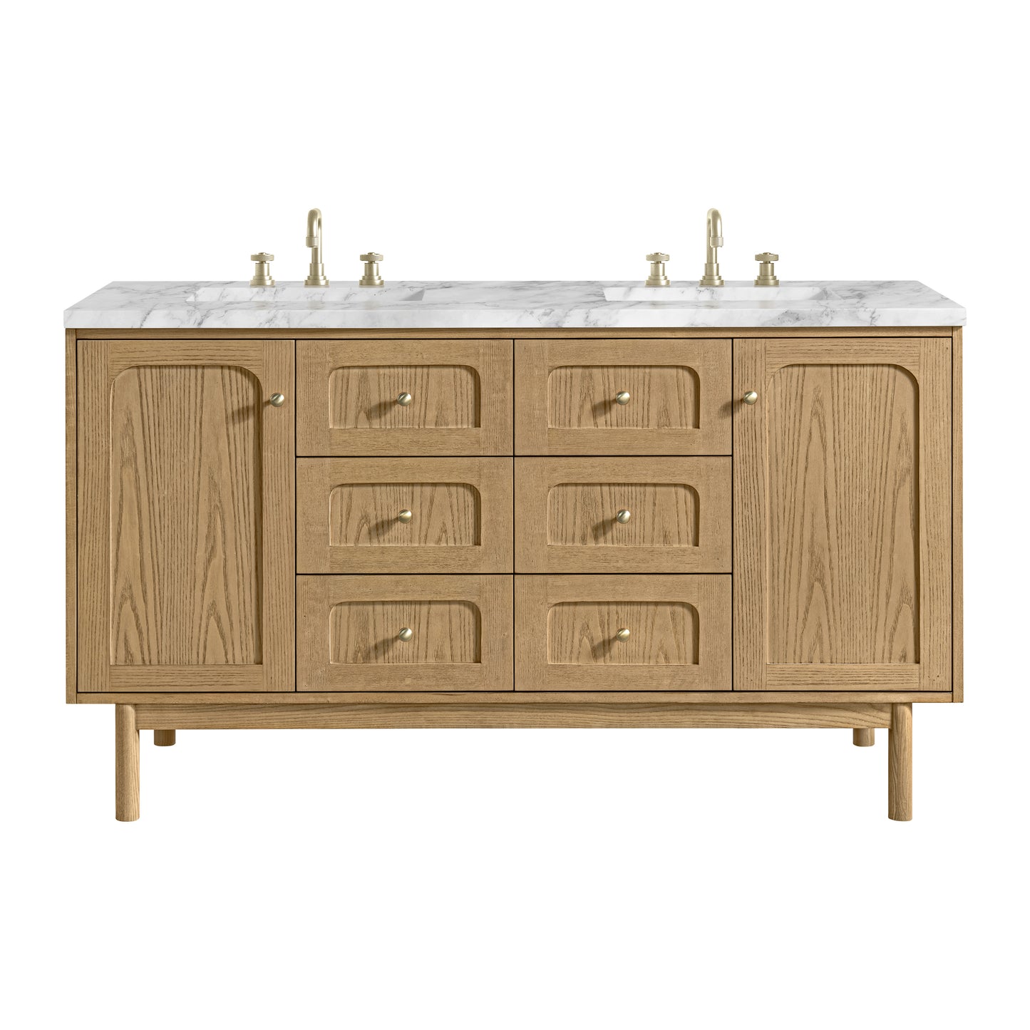 Renovate for Less Atlanta Laurent 60" Double Vanity, Light Natural Oak, w/ 3 CM Carrara Marble Top