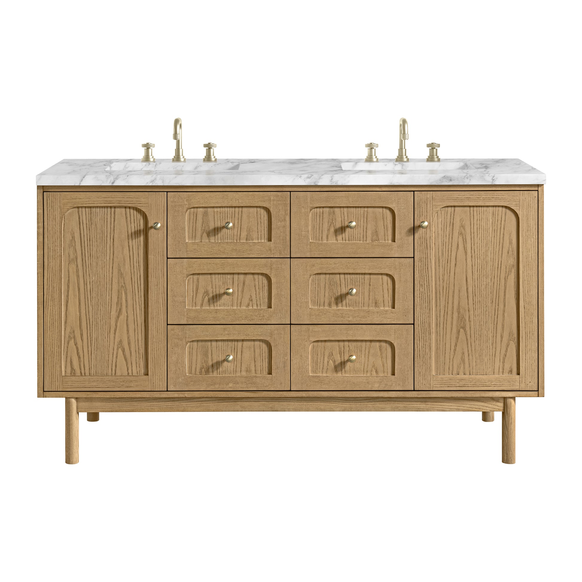 Renovate for Less Atlanta Laurent 60" Double Vanity, Light Natural Oak, w/ 3 CM Carrara Marble Top