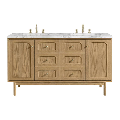 Renovate for Less Atlanta Laurent 60" Double Vanity, Light Natural Oak, w/ 3 CM Carrara Marble Top