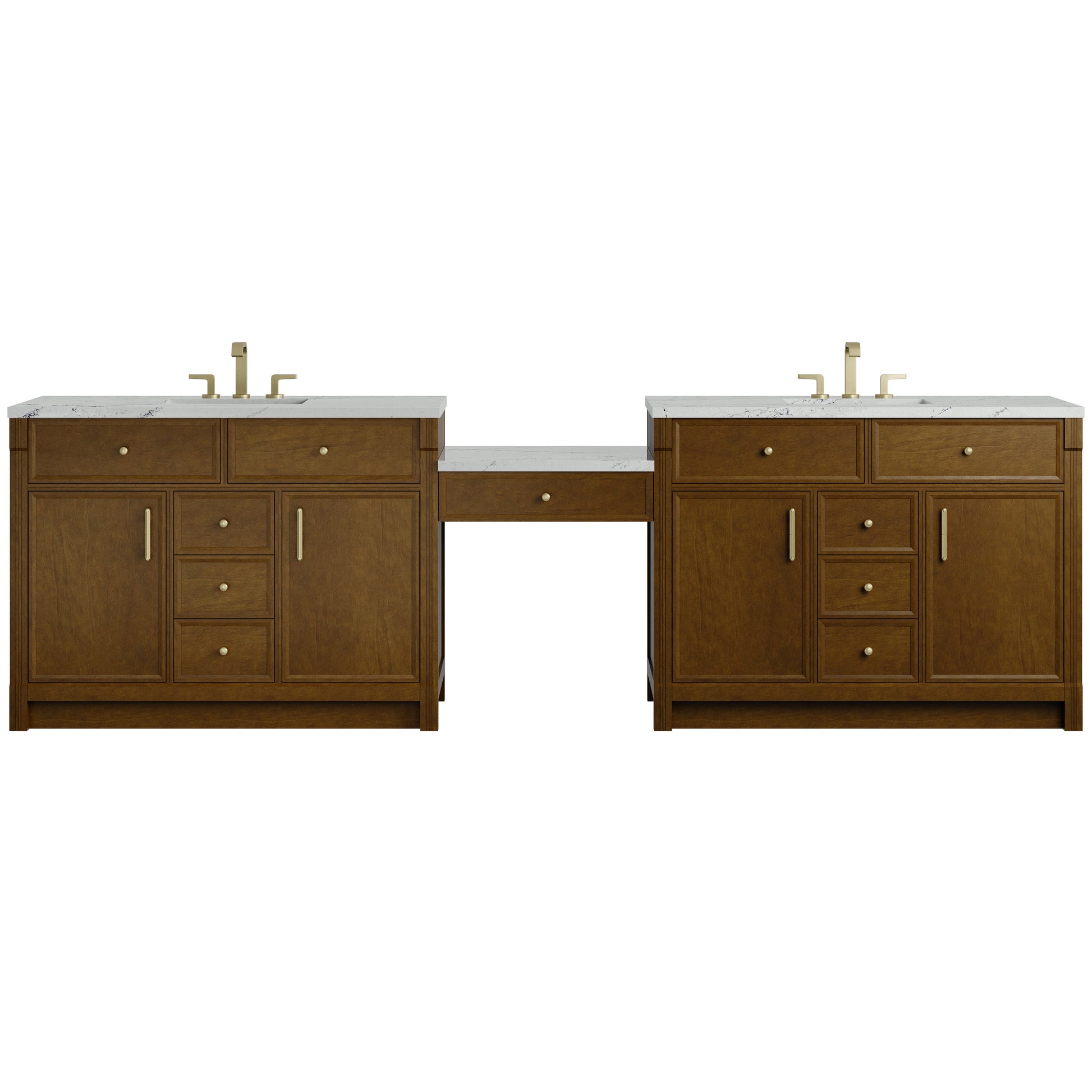 Renovate for Less Atlanta Bellshire 120" Dual Vanity Set with 24" Make-Up Counter, Honey Oak w/3 cm Ethereal Noctis Silestone Top