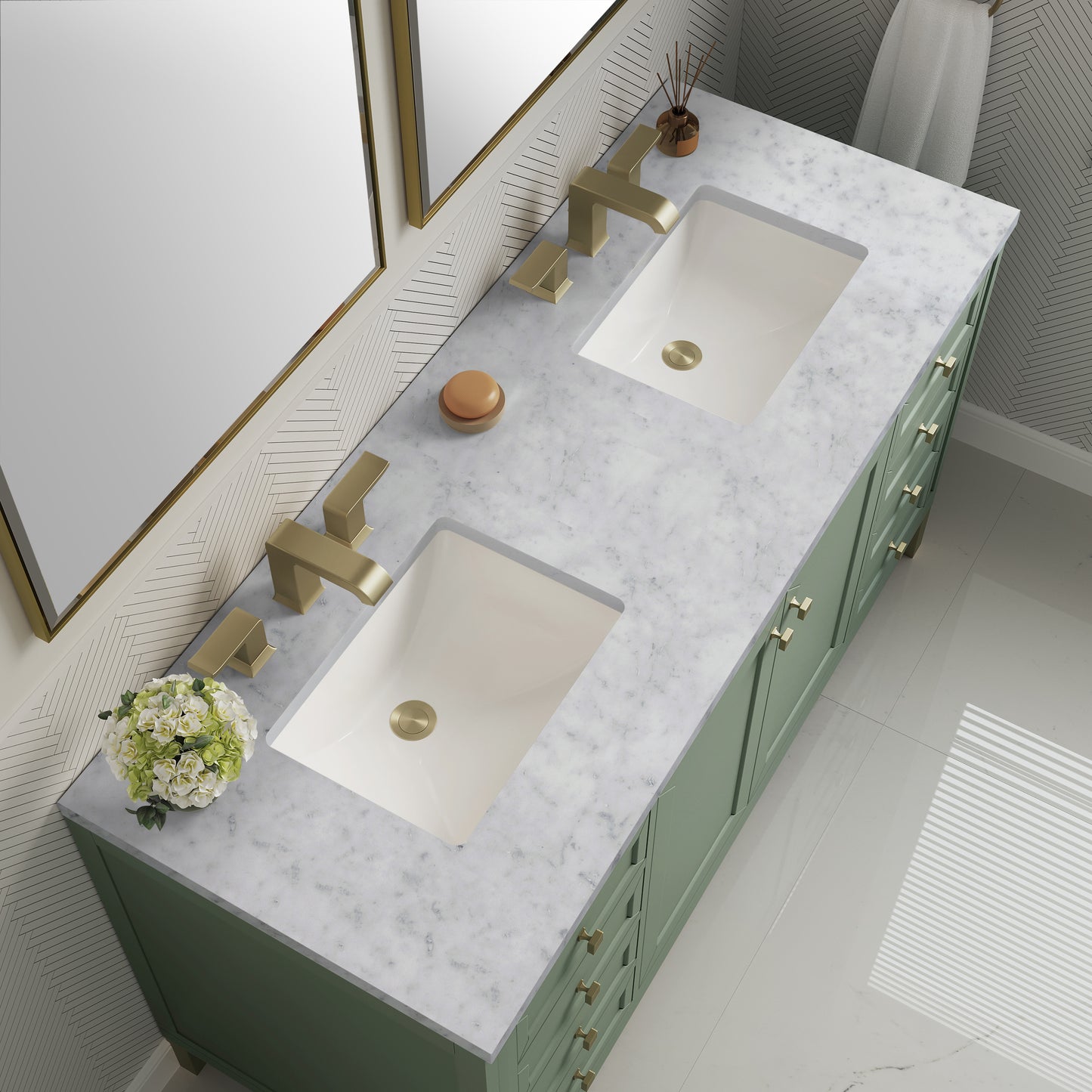 Renovate for Less Atlanta Chicago 60" Double Vanity, Smokey Celadon, w/ 3 CM Carrara Marble Top