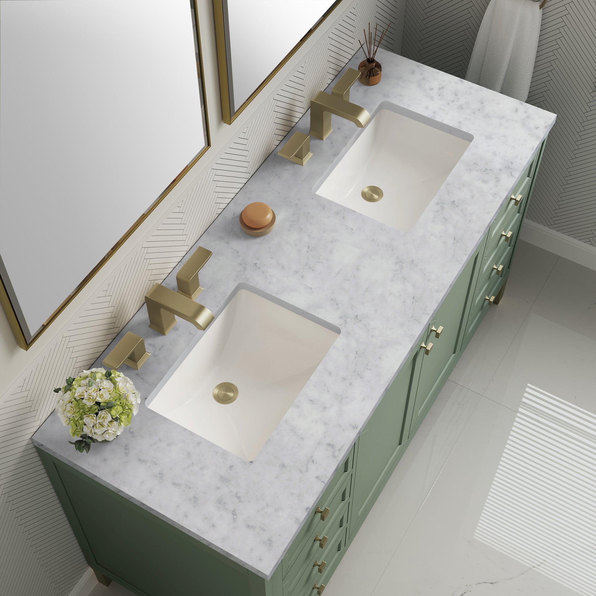 Renovate for Less Atlanta Chicago 60" Double Vanity, Smokey Celadon, w/ 3 CM Carrara Marble Top