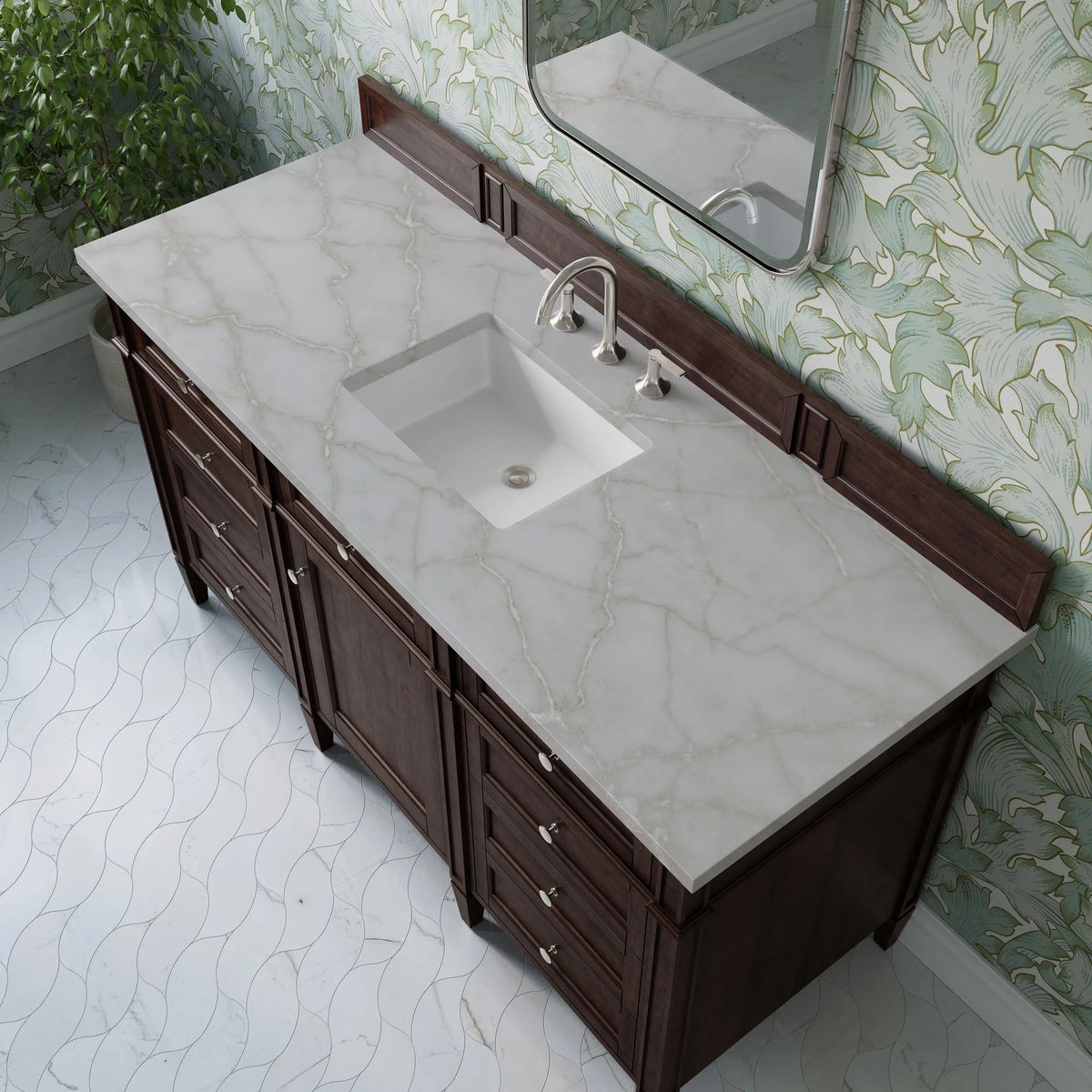 Brittany 60" Single Vanity, Burnished Mahogany w/ 3 CM Victorian Silver Silestone Top