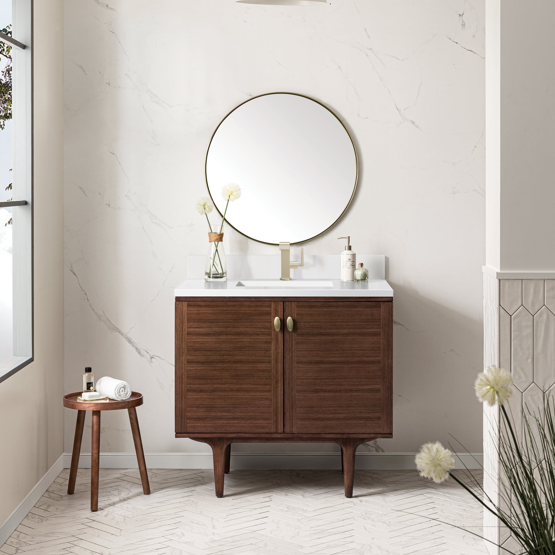 Renovate for Less Atlanta Amberly 36" Single Vanity, Mid-Century Walnut w/ Single Hole 3 CM White Zeus Top & Backsplash