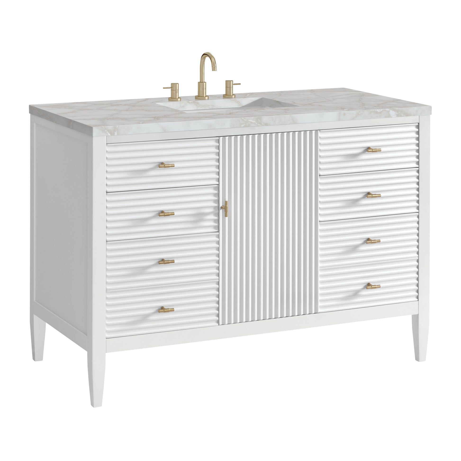 Renovate for Less Atlanta Myrrin 48" Single Vanity, Bright White w/ 3 CM Victorian Silver Silestone Top