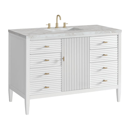 Renovate for Less Atlanta Myrrin 48" Single Vanity, Bright White w/ 3 CM Victorian Silver Silestone Top
