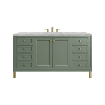 Renovate for Less Atlanta Chicago 60" Single Vanity, Smokey Celadon, w/ 3 CM Victorian Silver Silestone Top w/ FreePower Wireless Charger