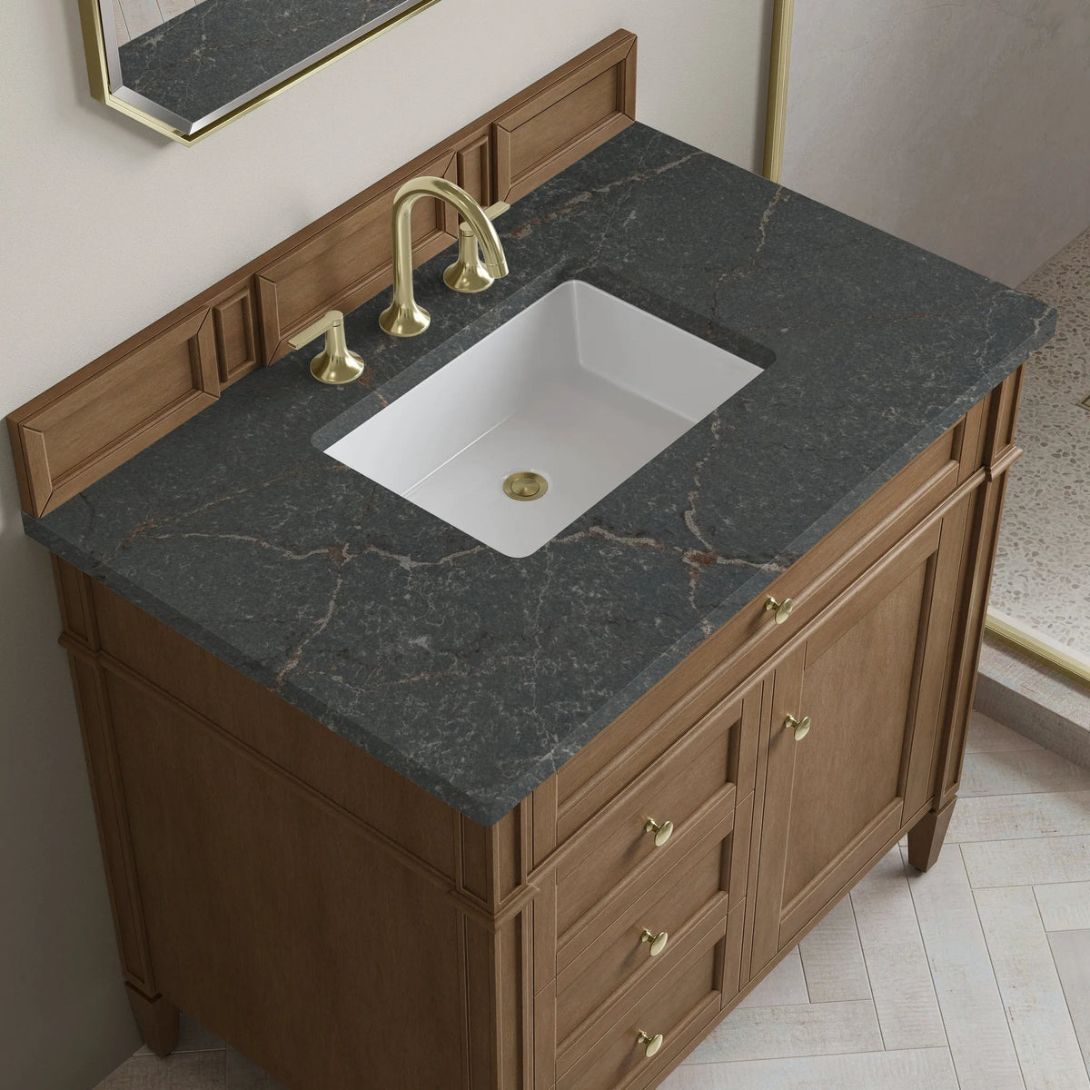 Brittany 36" Single Vanity, Pecan w/ 3 CM Parisien Bleu Silestone Top
