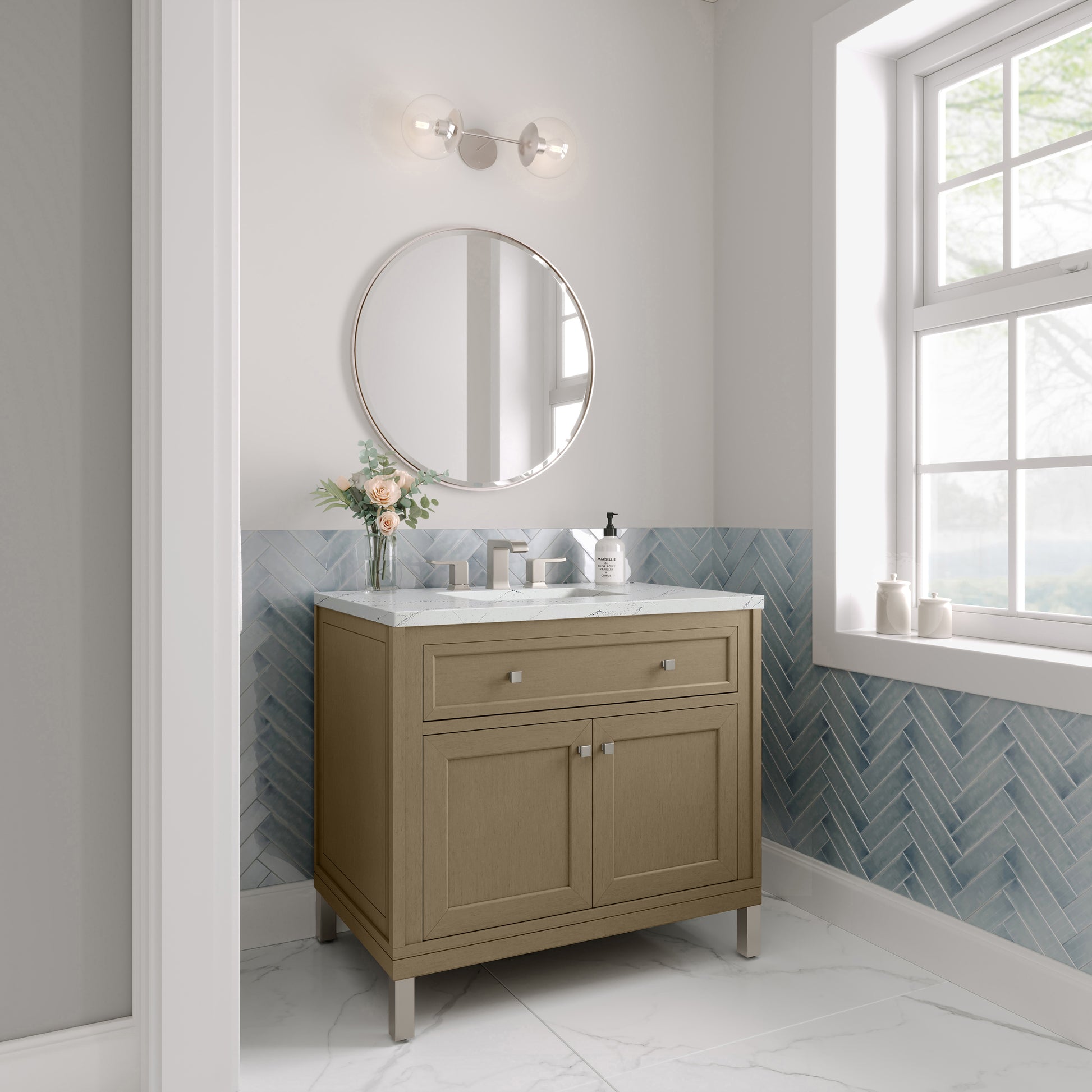 Renovate for Less Atlanta Chicago 36" Single Vanity, Walnut Whisper, w/ 3 CM Ethereal Noctis Silestone® Top