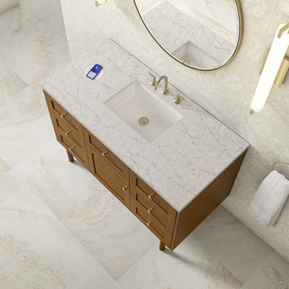 Renovate for Less Atlanta Laurent 48" Single Vanity, Honey Oak w/ 3 CM Eternal Jasmine Pearl Silestone Top w/FreePower Wireless Charger