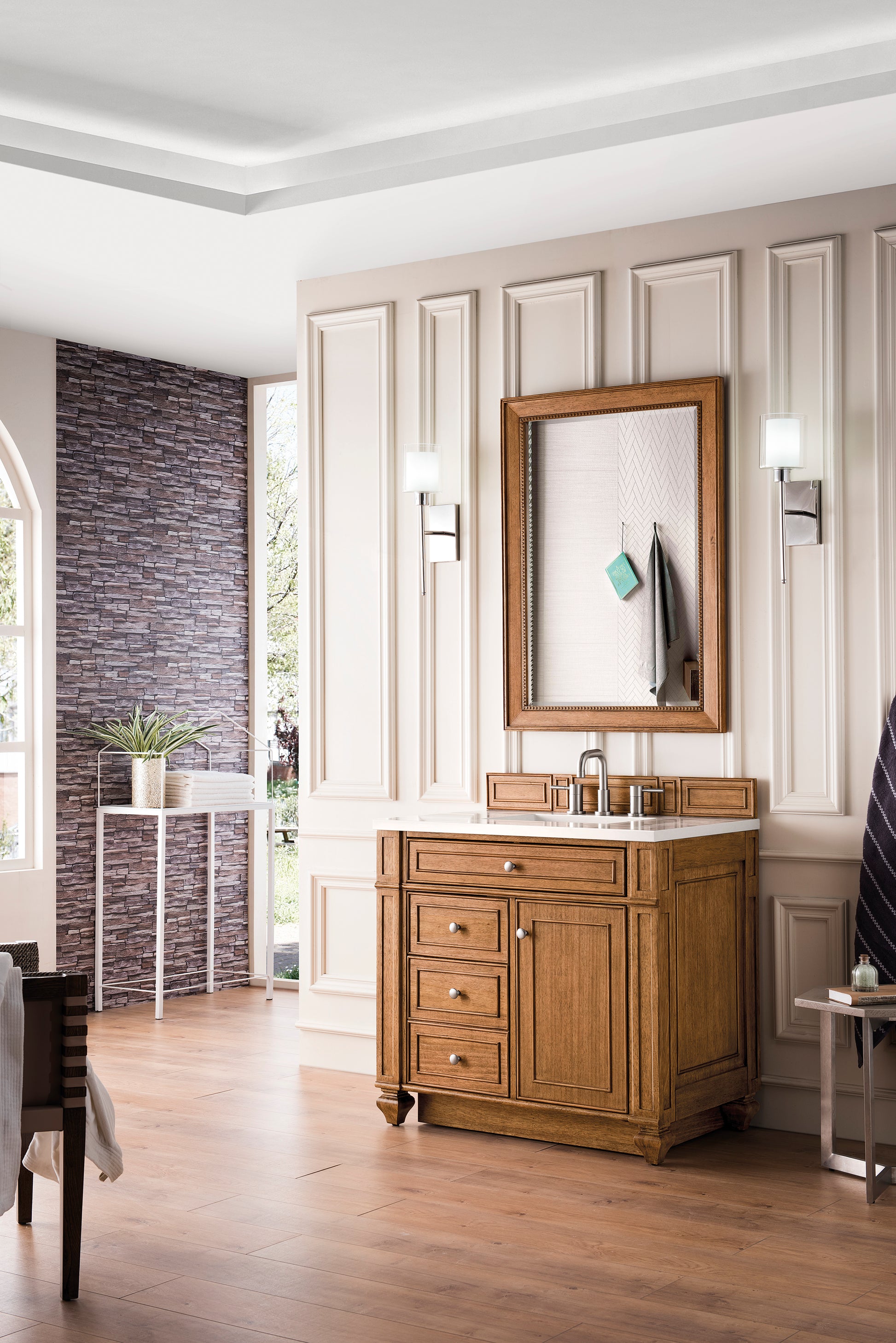 Renovate for Less Atlanta Bristol 36" Single Vanity, Saddle Brown w/ 3 CM White Zeus Silestone Top